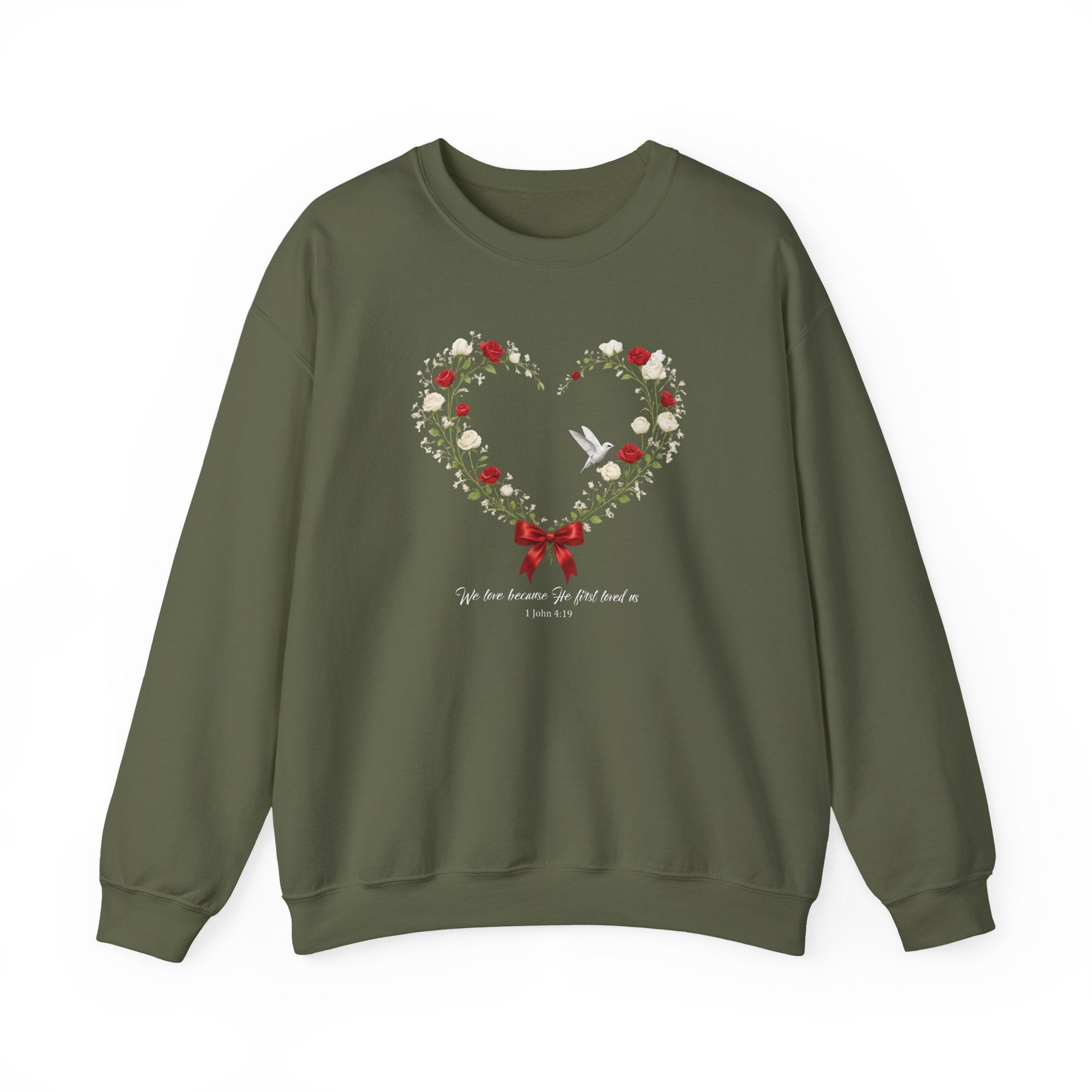 Christian Wildflower Heart Sweatshirt, 1 John 4:19 Floral  Faith Sweatshirt, Rose Hummingbird Womens Gift, Redeemed Faith Apparel, Boho Top