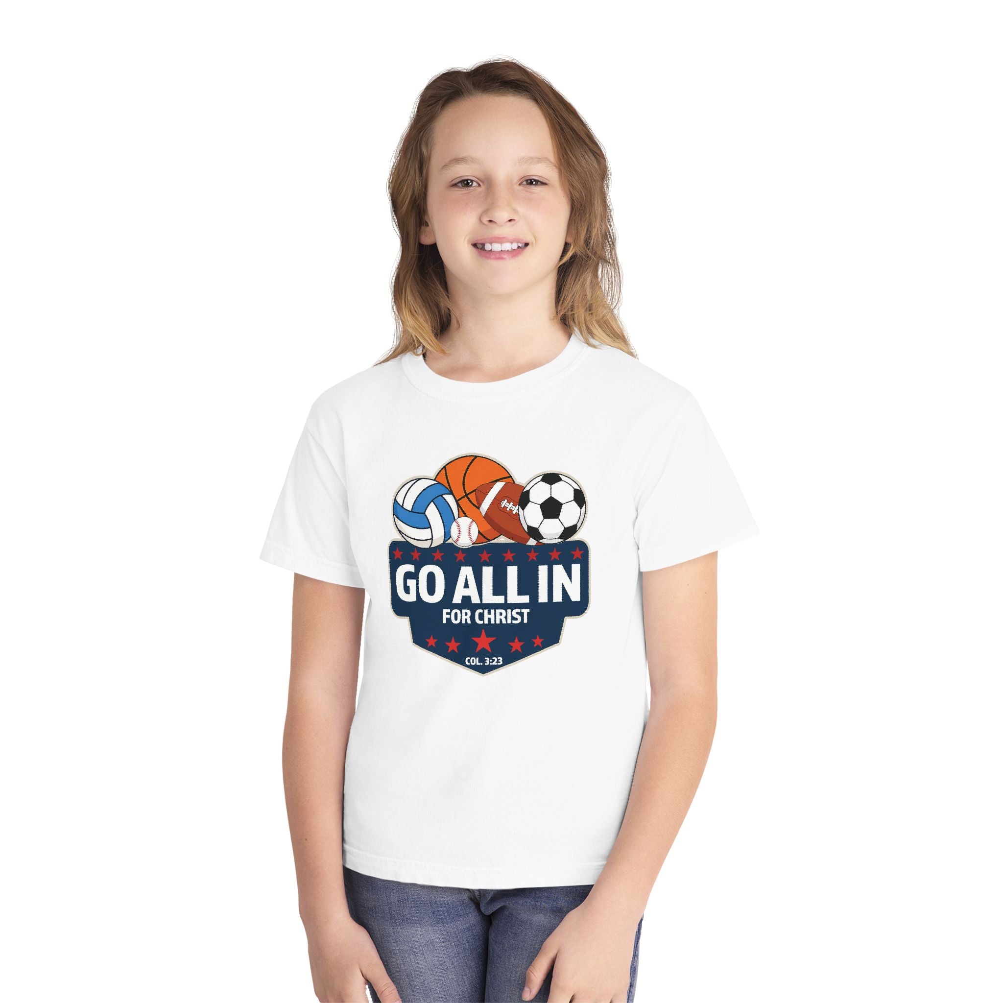 Go All In for Christ Youth T-Shirt, Christian Sports Shirt, Colossians 3:23 Shirt, Youth Athlete Shirt, Faith Sports Tee, Unisex Faith Shirt