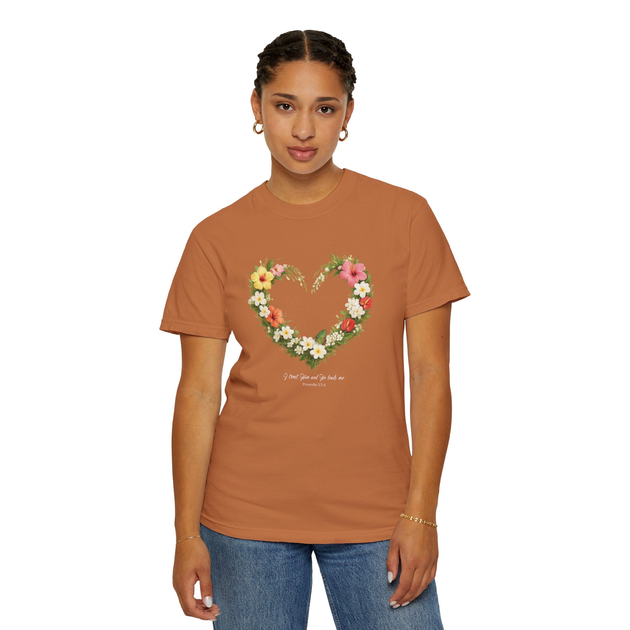 I Trust Him Floral Heart Christian Shirt, 2 Timothy 1:7 T-Shirt, Faith Based Gift for Women, Wildflower Heart Tee, Redeemed Faith Apparel