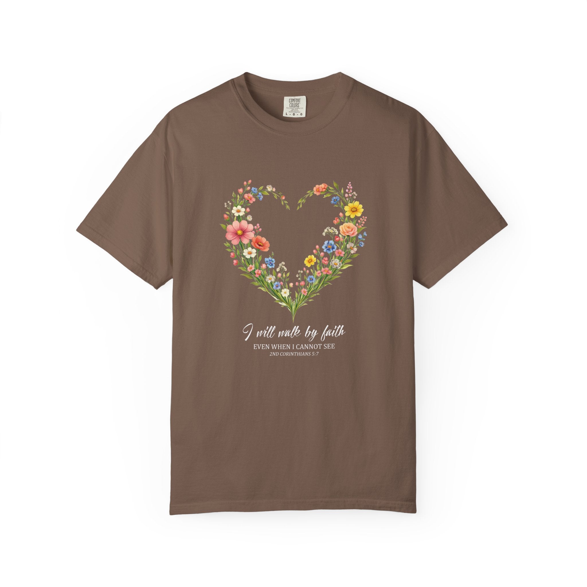 I Will Walk By Faith Floral T Shirt, 2 Corinthians 5:7 Christian Shirt, Christian Women Gift, Wildflower Heart tee, Redeemed Faith Apparel