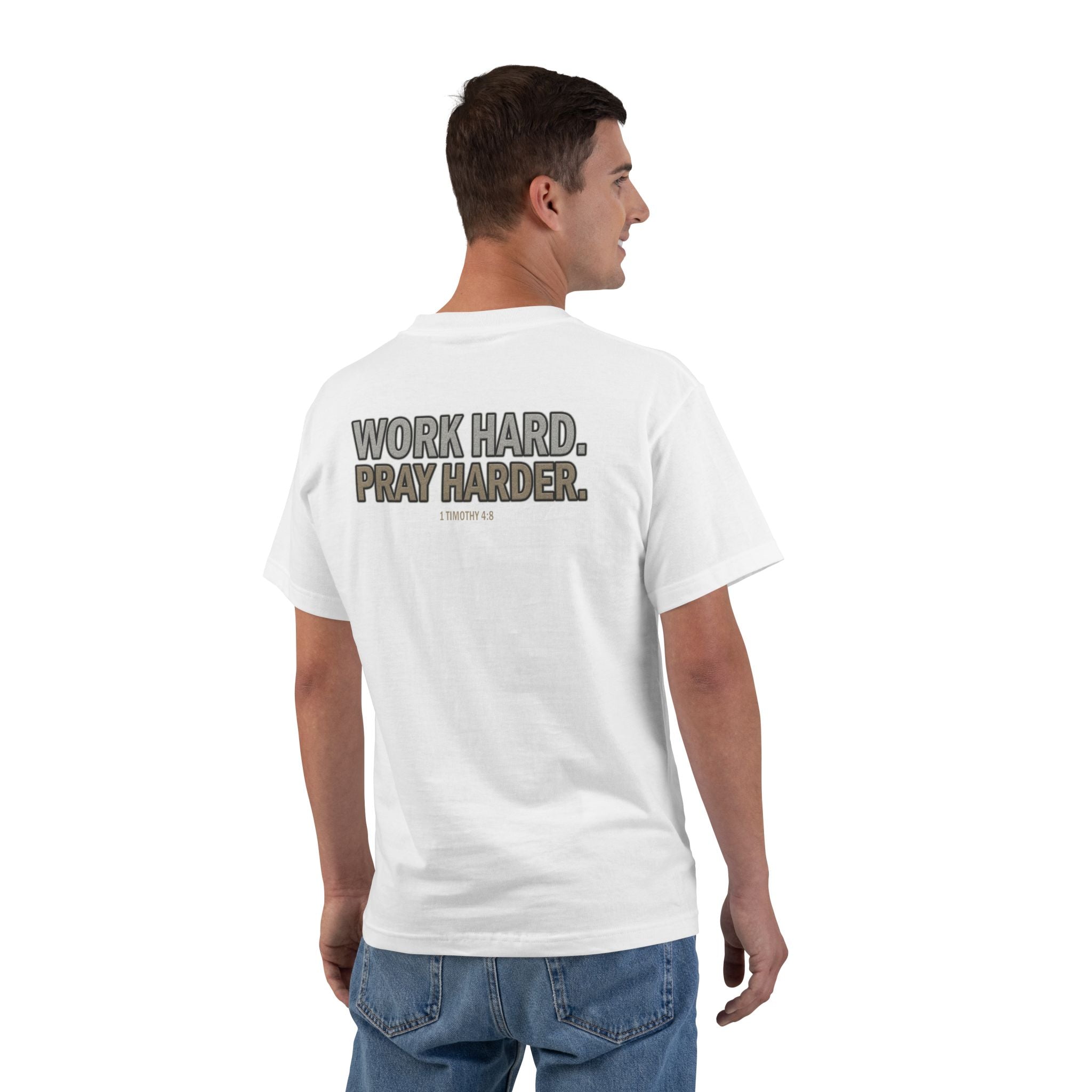 Work Hard Pray Harder Shirt - Christian Motivation Tee, Faith Over Hustle T-Shirt, 1 Timothy 48, Bible Verse Apparel, T-Shirt for Men Women