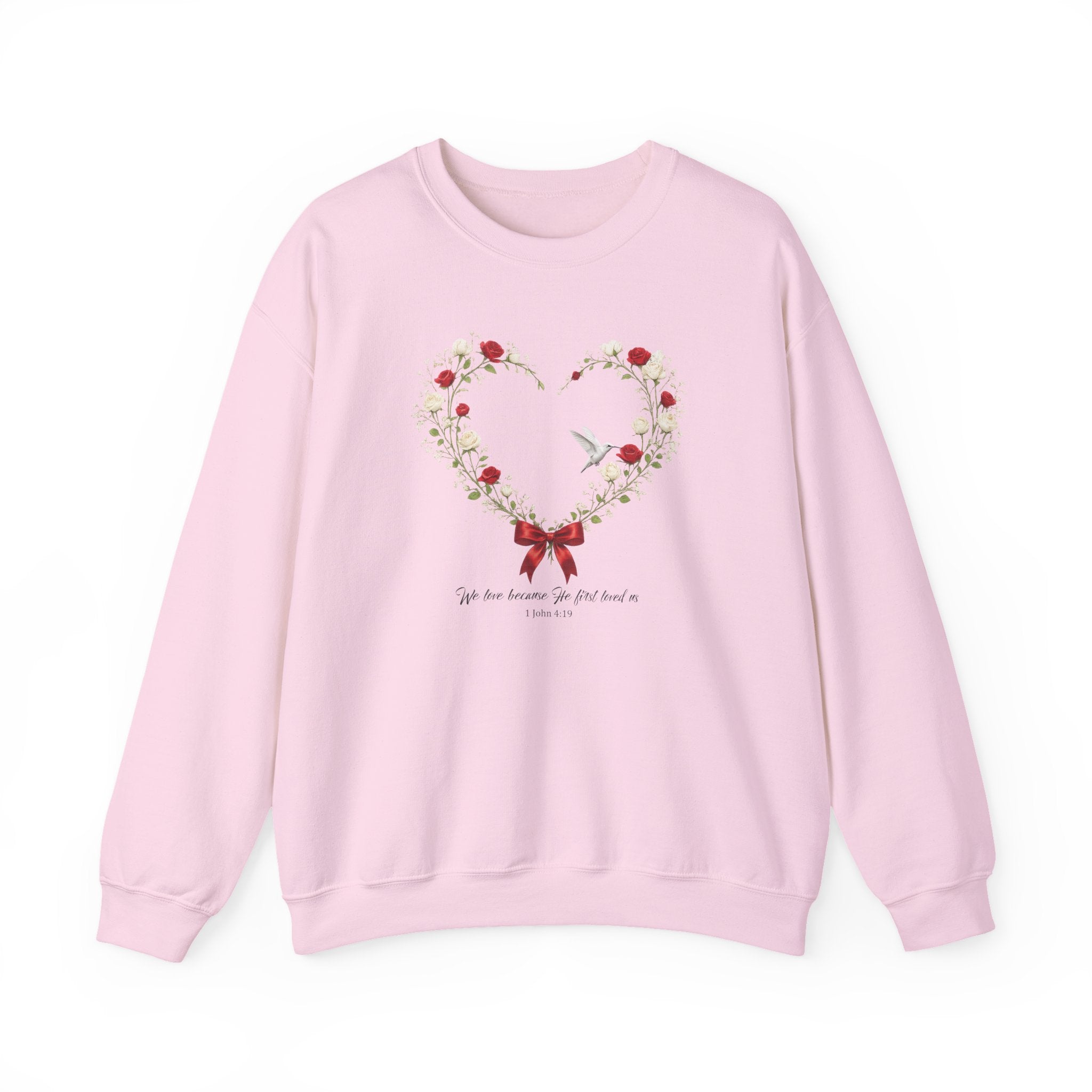 Christian Wildflower Heart Sweatshirt, 1 John 4:19 Floral  Faith Sweatshirt, Rose Hummingbird Womens Gift, Redeemed Faith Apparel, Boho Top