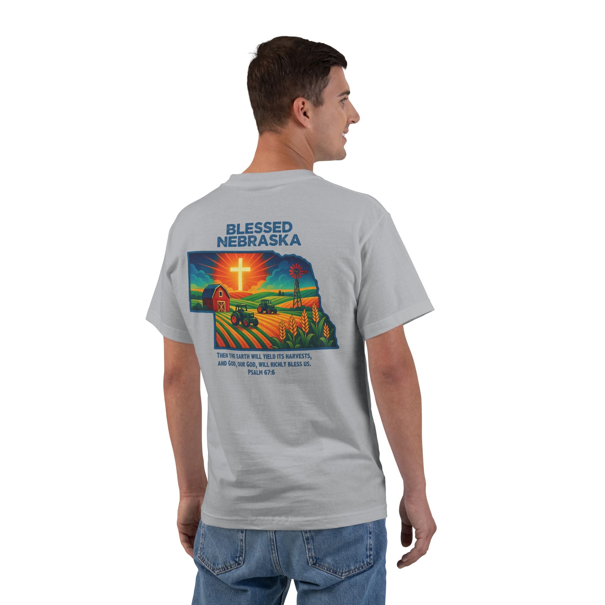 NB-Blessed Nebraska Christian Shirt, Psalm 67:6 Tee, Farm Cross Tractor Sunset T-shirt, Faith Midwest Apparel, God Bless America Collection
