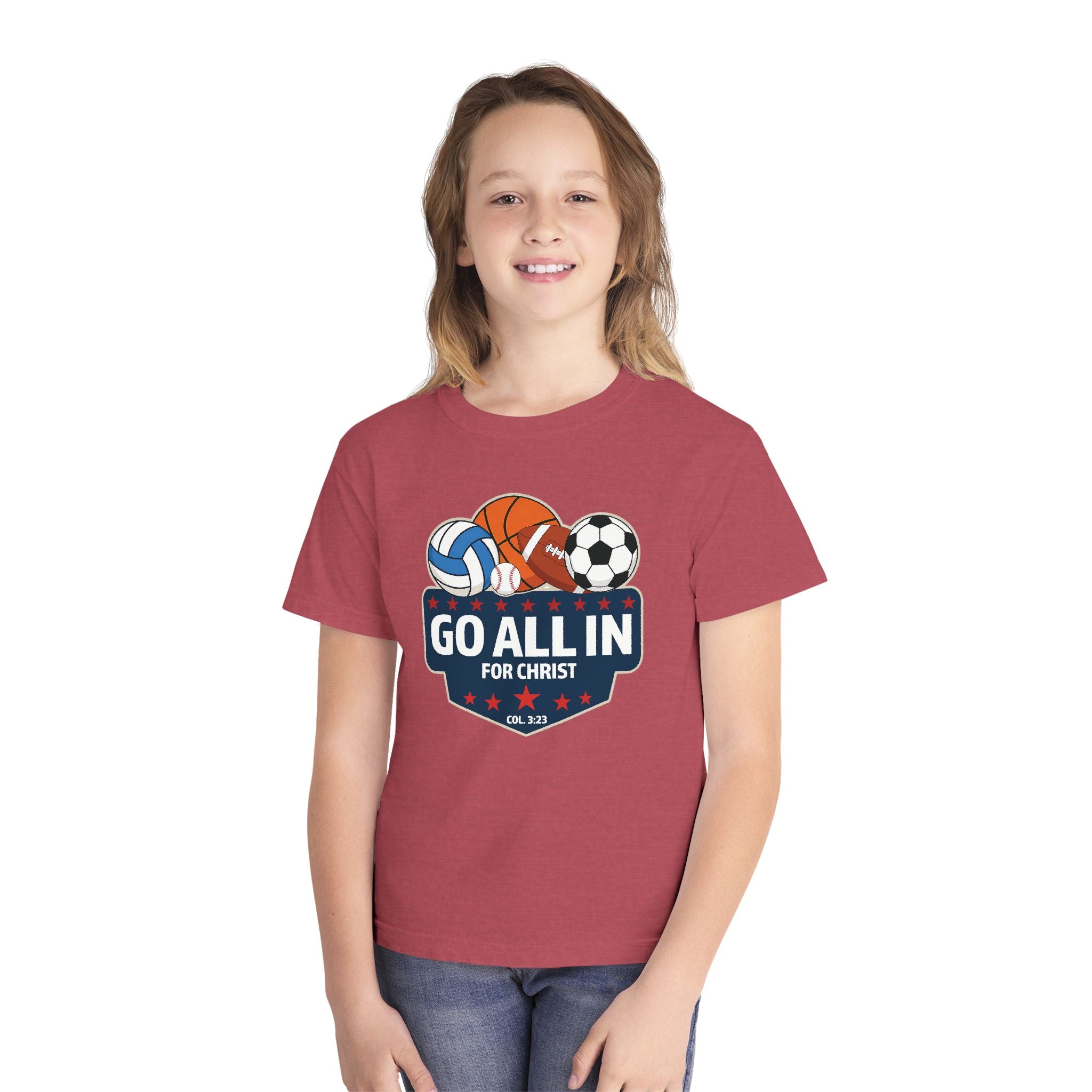 Go All In for Christ Youth T-Shirt, Christian Sports Shirt, Colossians 3:23 Shirt, Youth Athlete Shirt, Faith Sports Tee, Unisex Faith Shirt