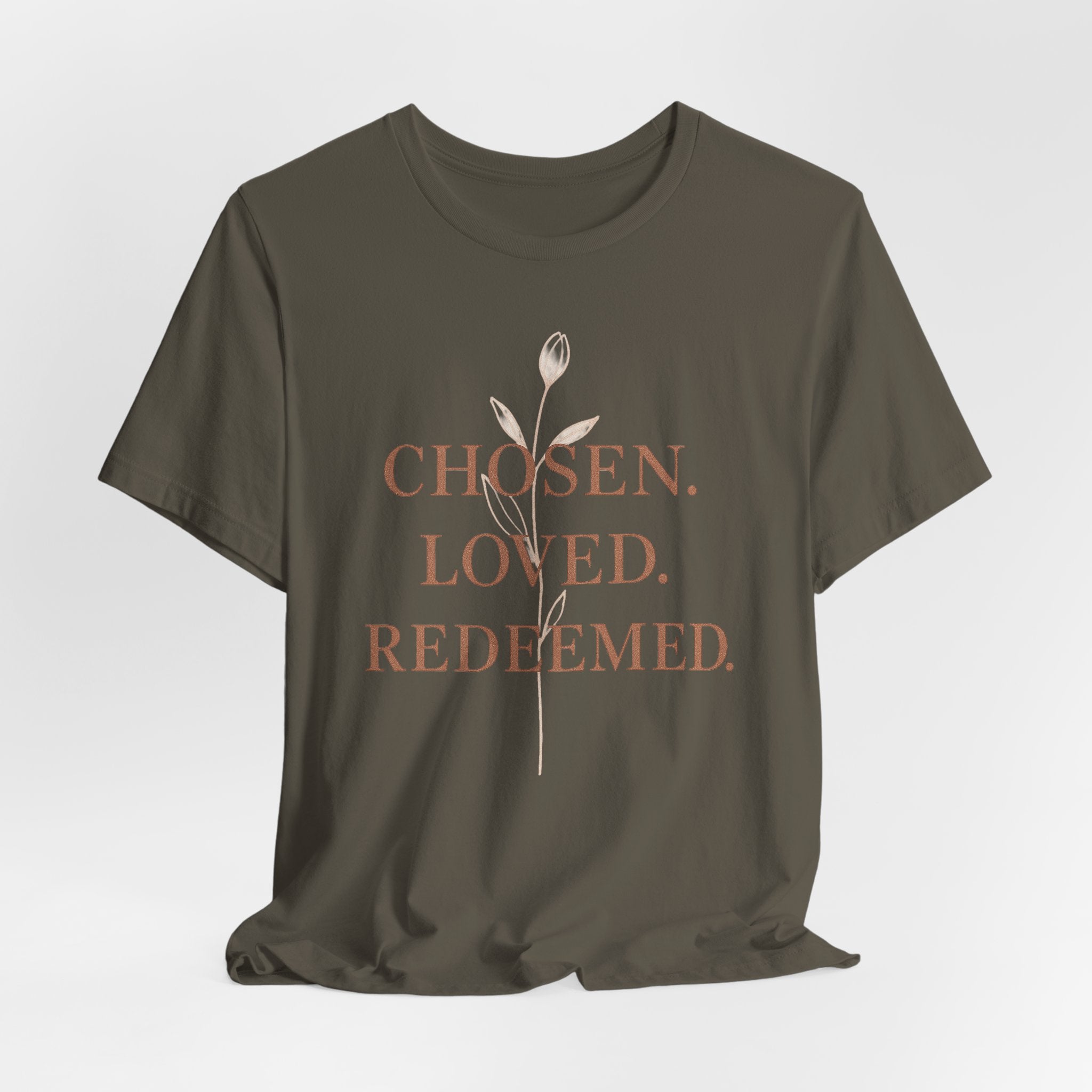 Chosen. Loved. Redeemed. Womens Christian T-Shirt - Faith Inspiration Tee, Minimalist Bible Verse Apparel, Redeemed Faith Apparel