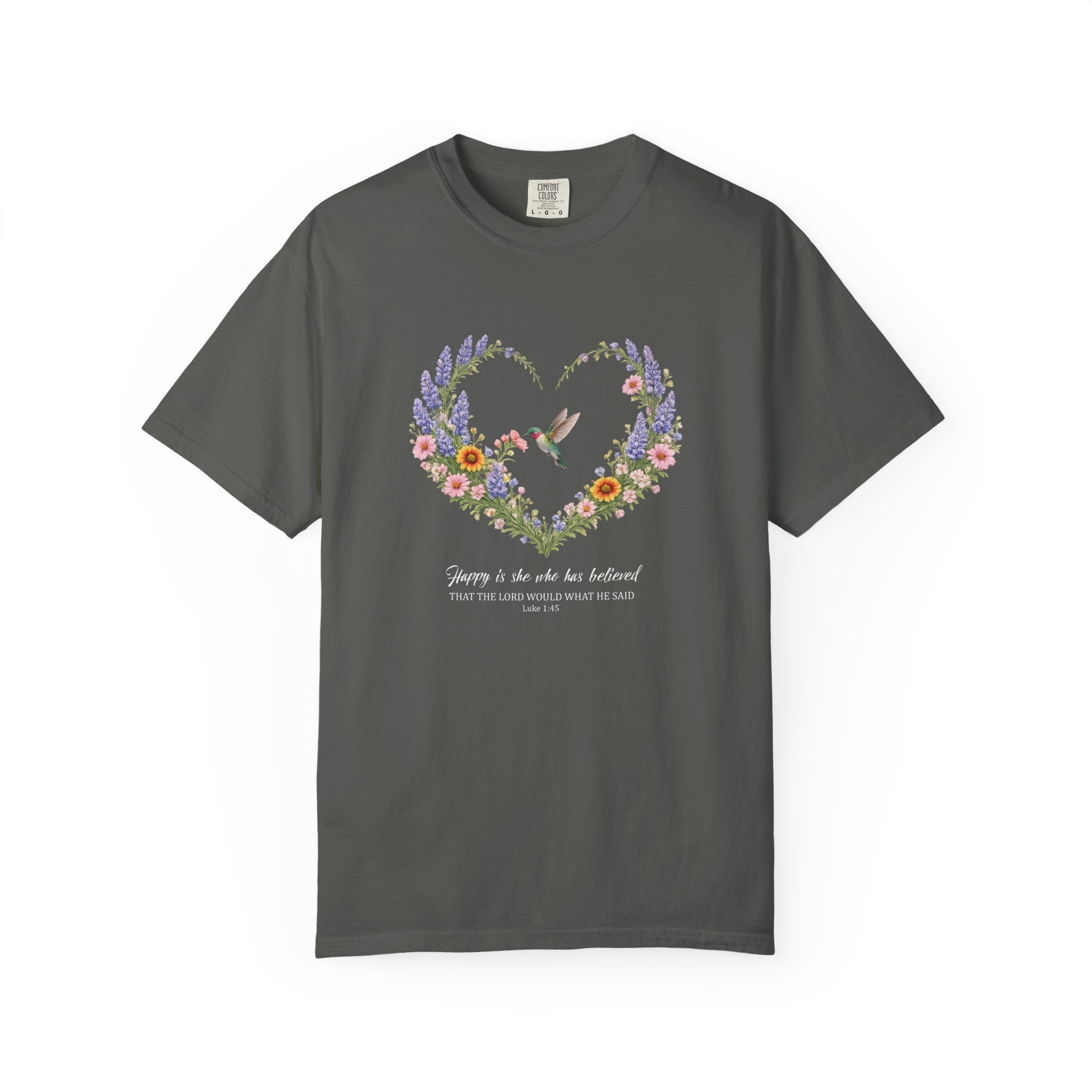 Happy Is She Who Has Believed Floral Tee, Luke 1:45 Shirt, Faith Shirt, Christian Women Gift, Wildflower Heart, Redeemed Faith Apparel