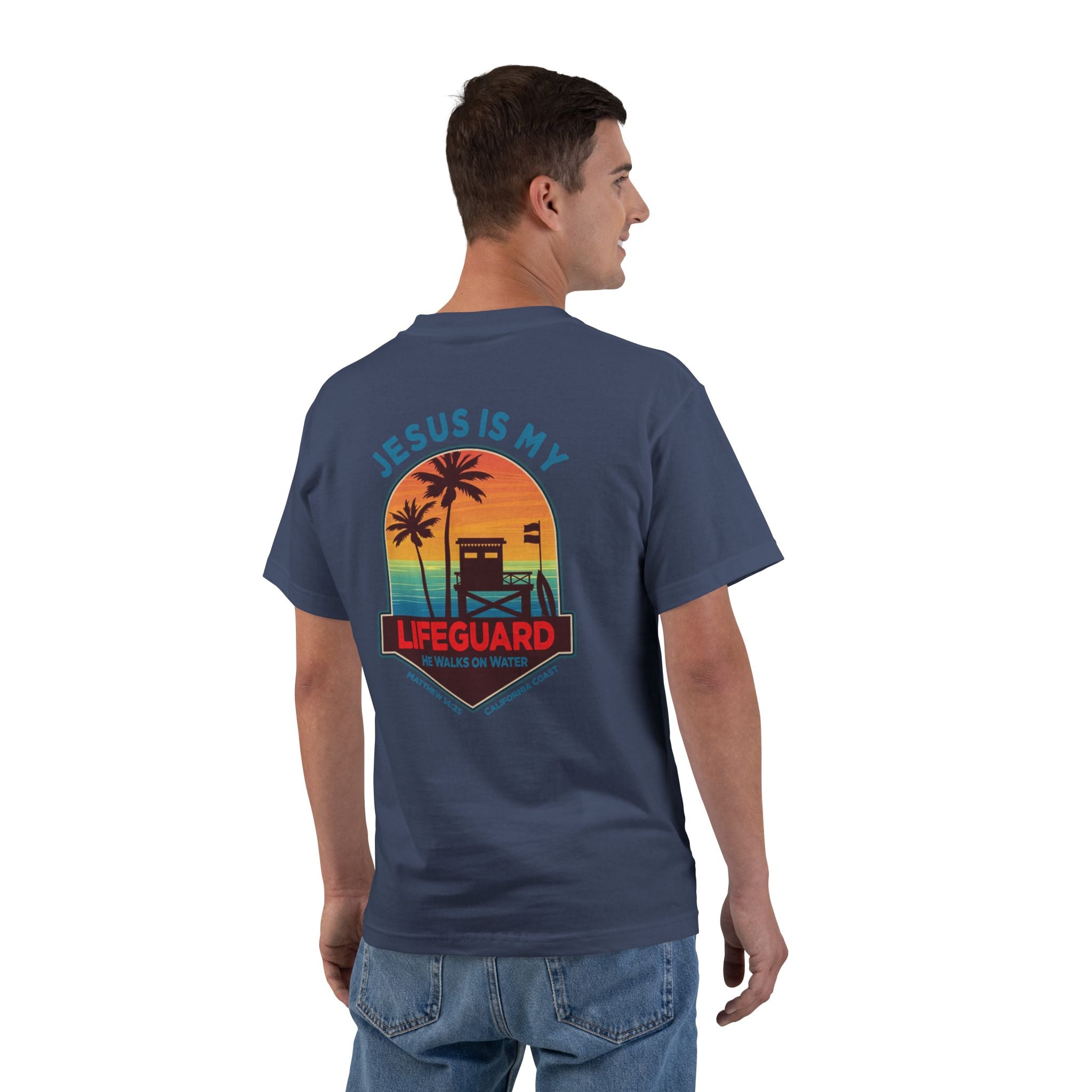 CA-Jesus Is My Lifeguard Shirt, He Walks on Water T-shirt, California Coast, Matthew 1425, Surfing T Shirt, God Bless America Collection