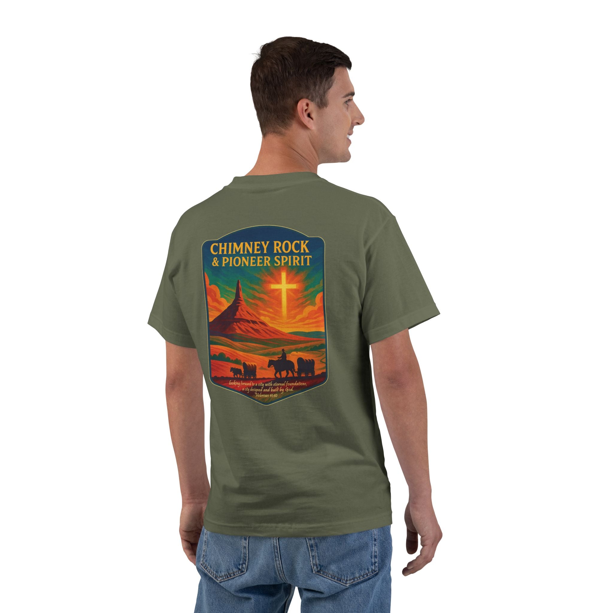 NB-Chimney Rock Pioneer Spirit Shirt, Nebraska Christian Tee, Wagon Trail, Hebrews 11:10, Frontier Apparel, God Bless America Collection