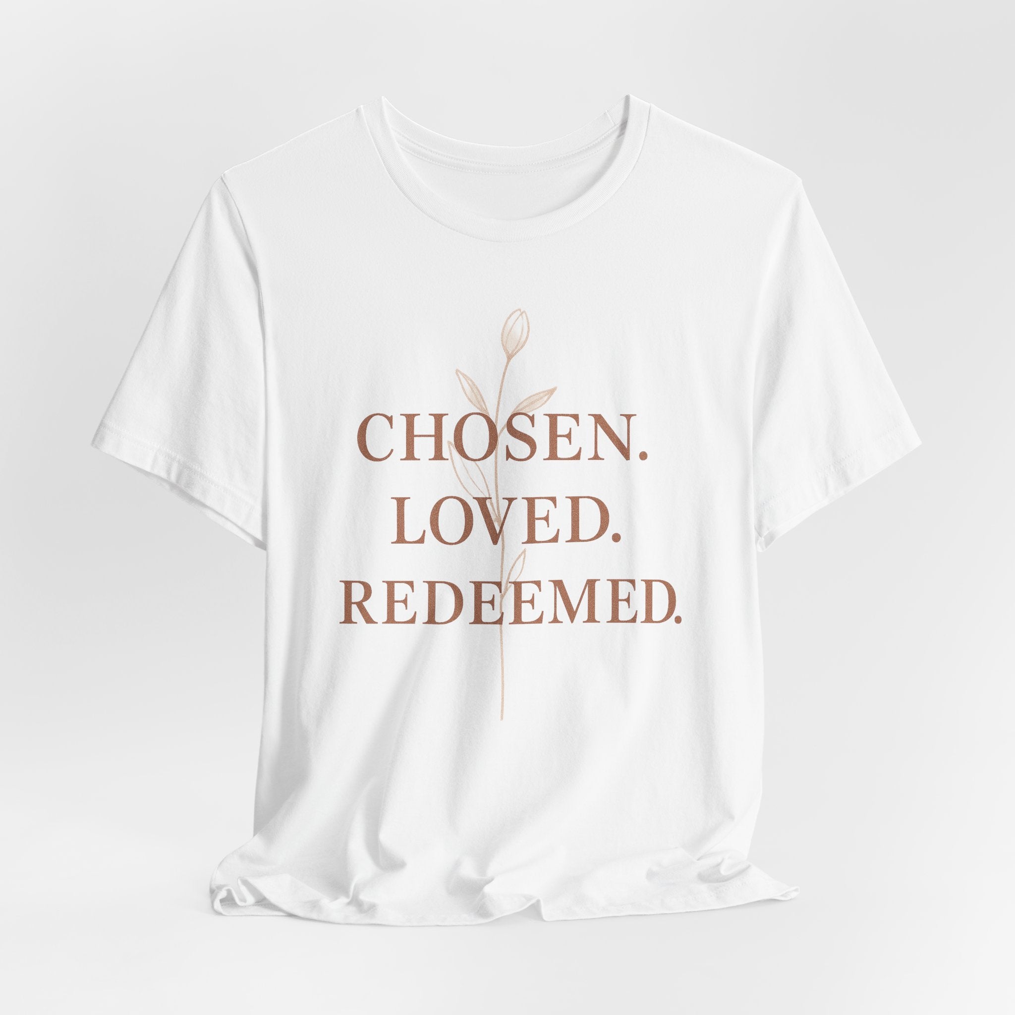Chosen. Loved. Redeemed. Womens Christian T-Shirt - Faith Inspiration Tee, Minimalist Bible Verse Apparel, Redeemed Faith Apparel