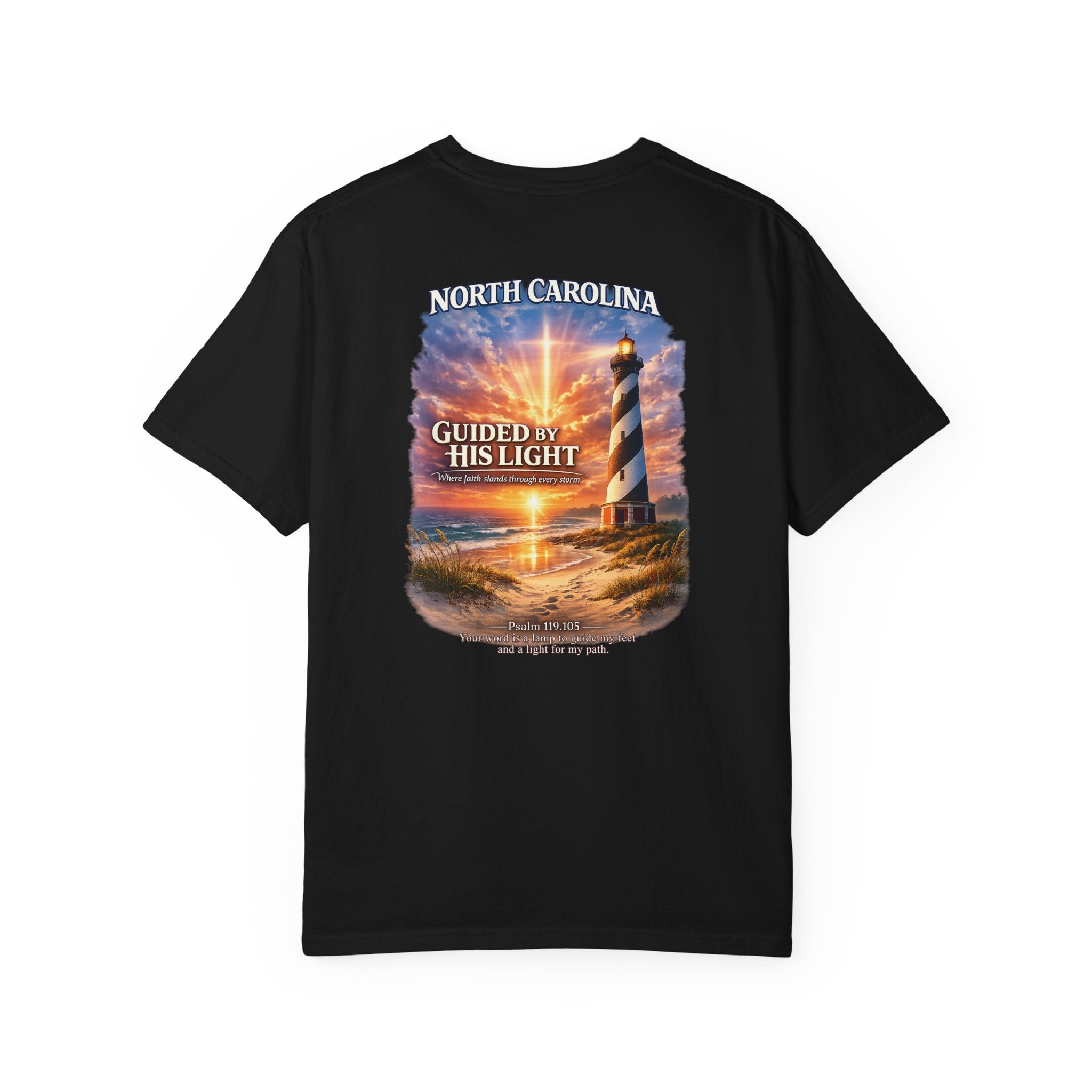 NC-North Carolina Guided by His Light Christian T Shirt, Lighthouse Faith Tee, Psalm 119:105 Shirt, God Bless America Collection