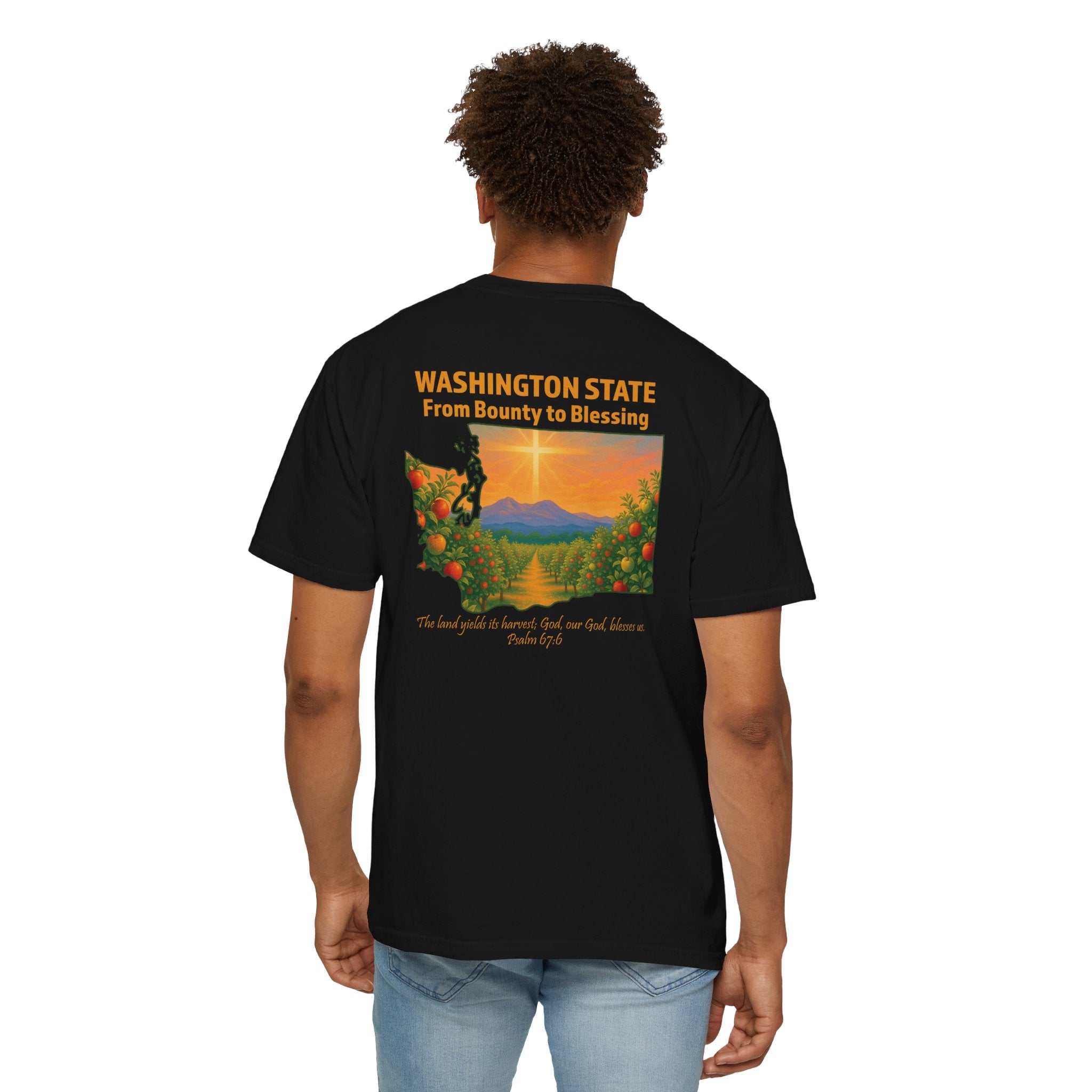 WA-From Bounty to Blessing, Psalm 67:6, Washington Apple Orchard T-shirt, Cross Faith Tee, God Bless America Collection, Redeemed Faith