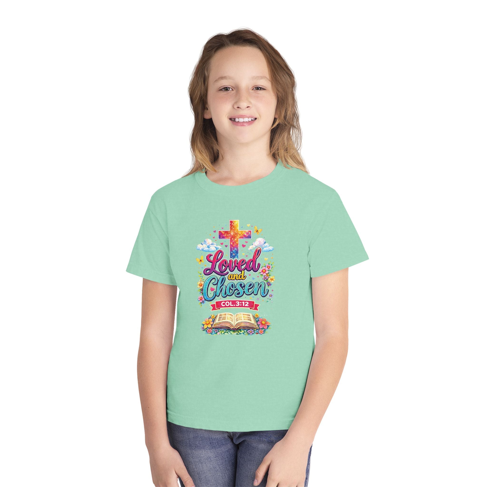 Loved and Chosen Youth Shirt, Christian Youth T Shirt, Bible Verse Youth Tee, Faith Shirt for Girls Boys, Church Youth Shirt Colossians 312
