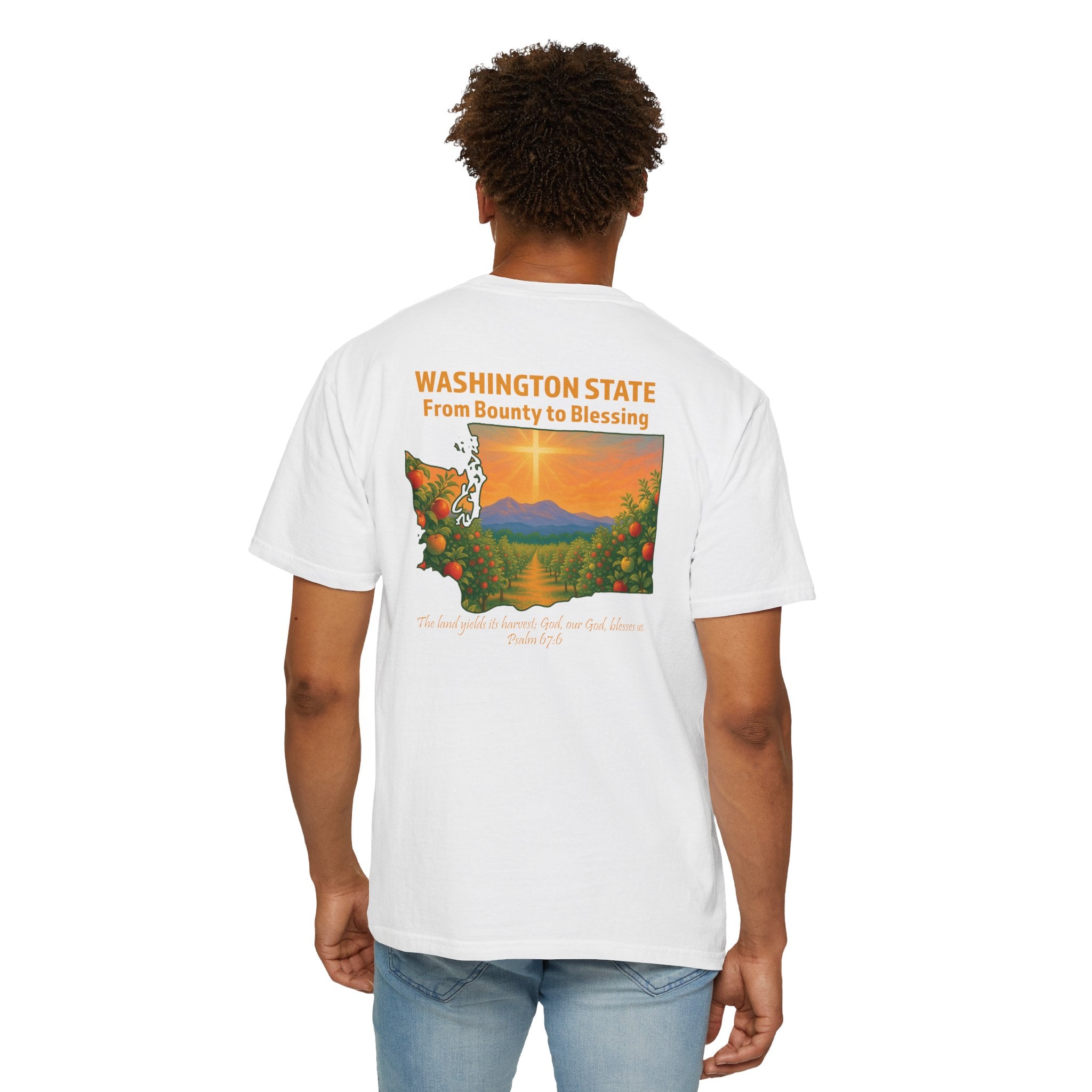WA-From Bounty to Blessing, Psalm 67:6, Washington Apple Orchard T-shirt, Cross Faith Tee, God Bless America Collection, Redeemed Faith