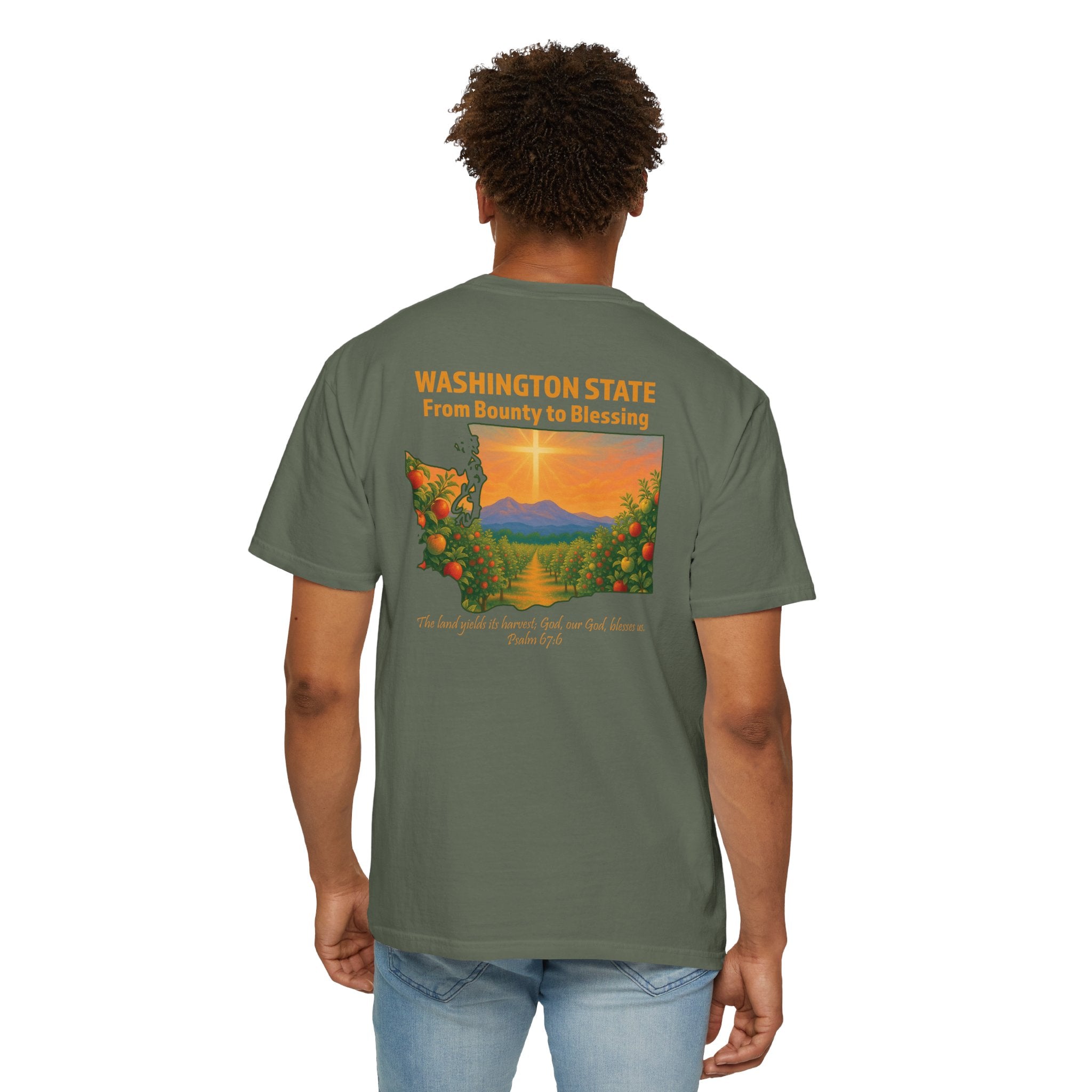 WA-From Bounty to Blessing, Psalm 67:6, Washington Apple Orchard T-shirt, Cross Faith Tee, God Bless America Collection, Redeemed Faith