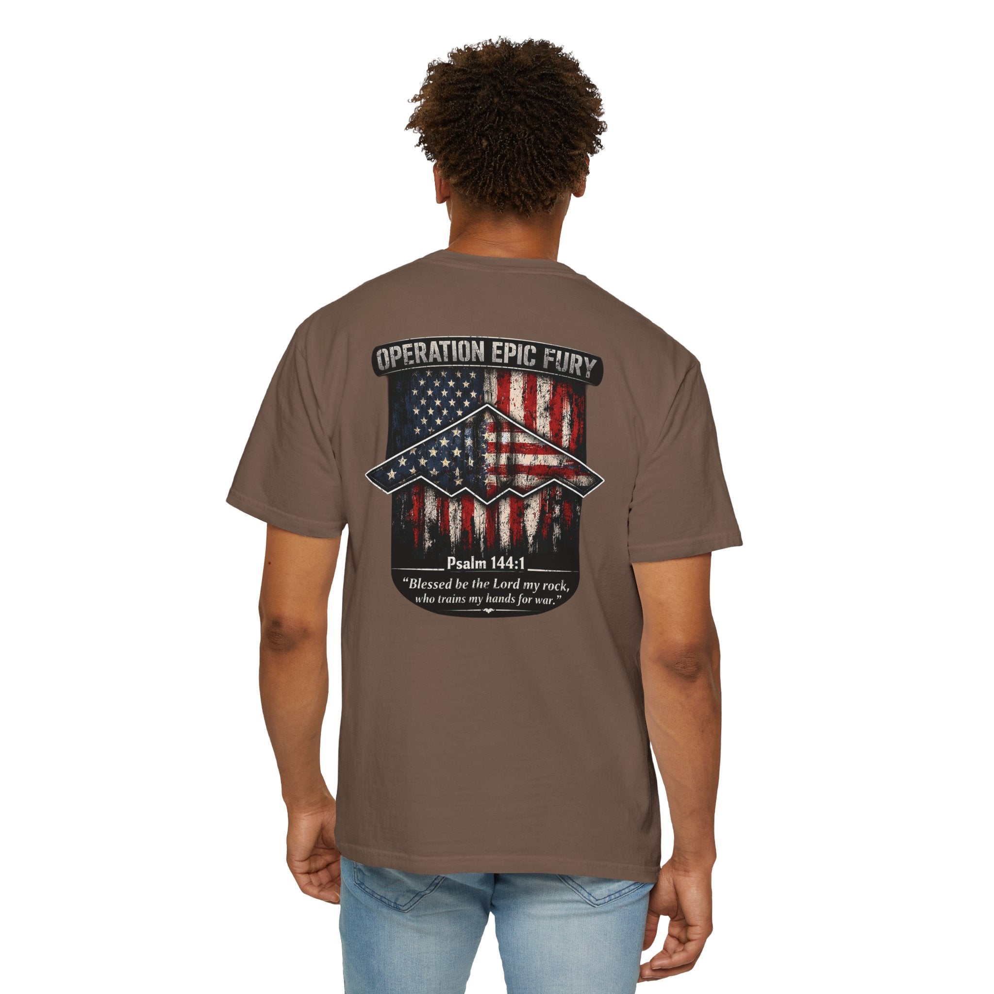 Operation Epic Fury Christian Shirt, Psalm 144:1 Patriotic Tee, Faith and Freedom Shirt, American Flag Bomber Shirt, Redeemed Faith Apparel