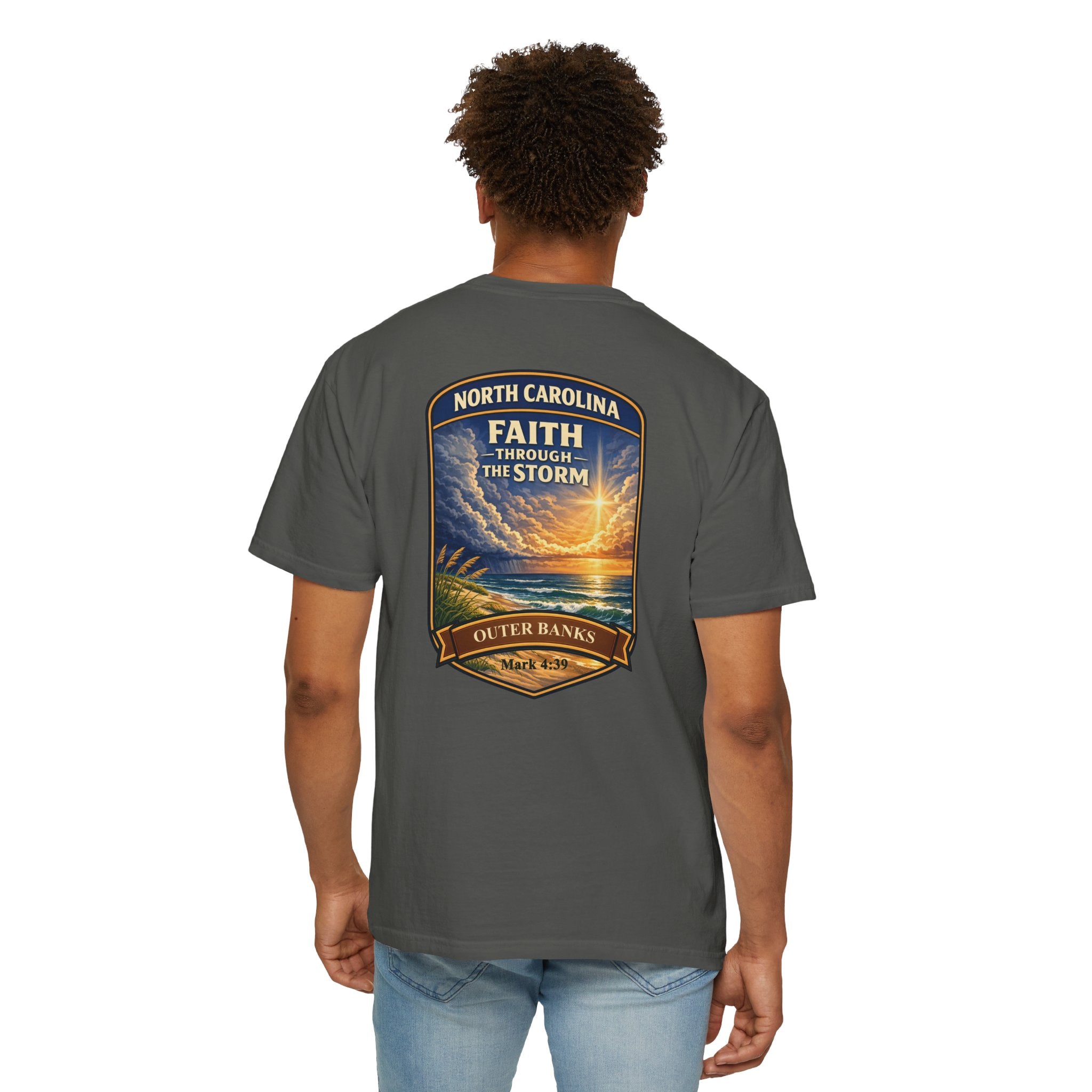NC-North Carolina Outer Banks Faith Through the Storm Christian T Shirt, Mark 4:39 Tee, Coastal Faith Shirt, God Bless America Collection