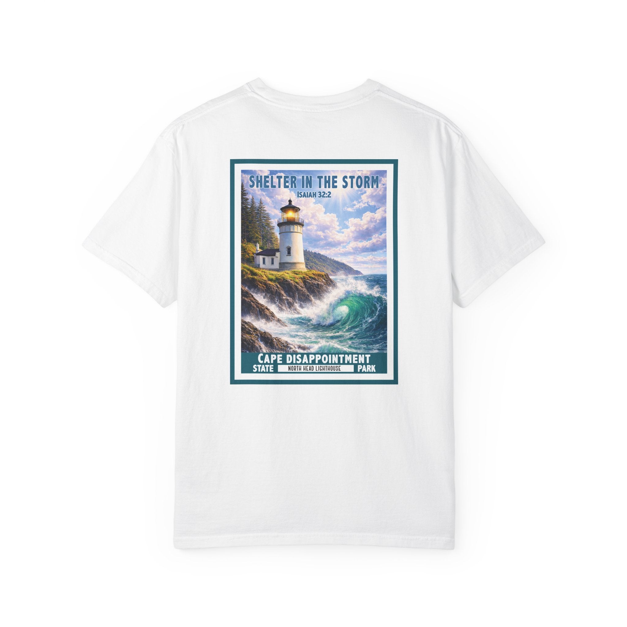 WA-Shelter in the Storm Shirt, Isaiah 32:2, Cape Disappointment, North Head Lighthouse, Christian Faith Tee, God Bless America Collection