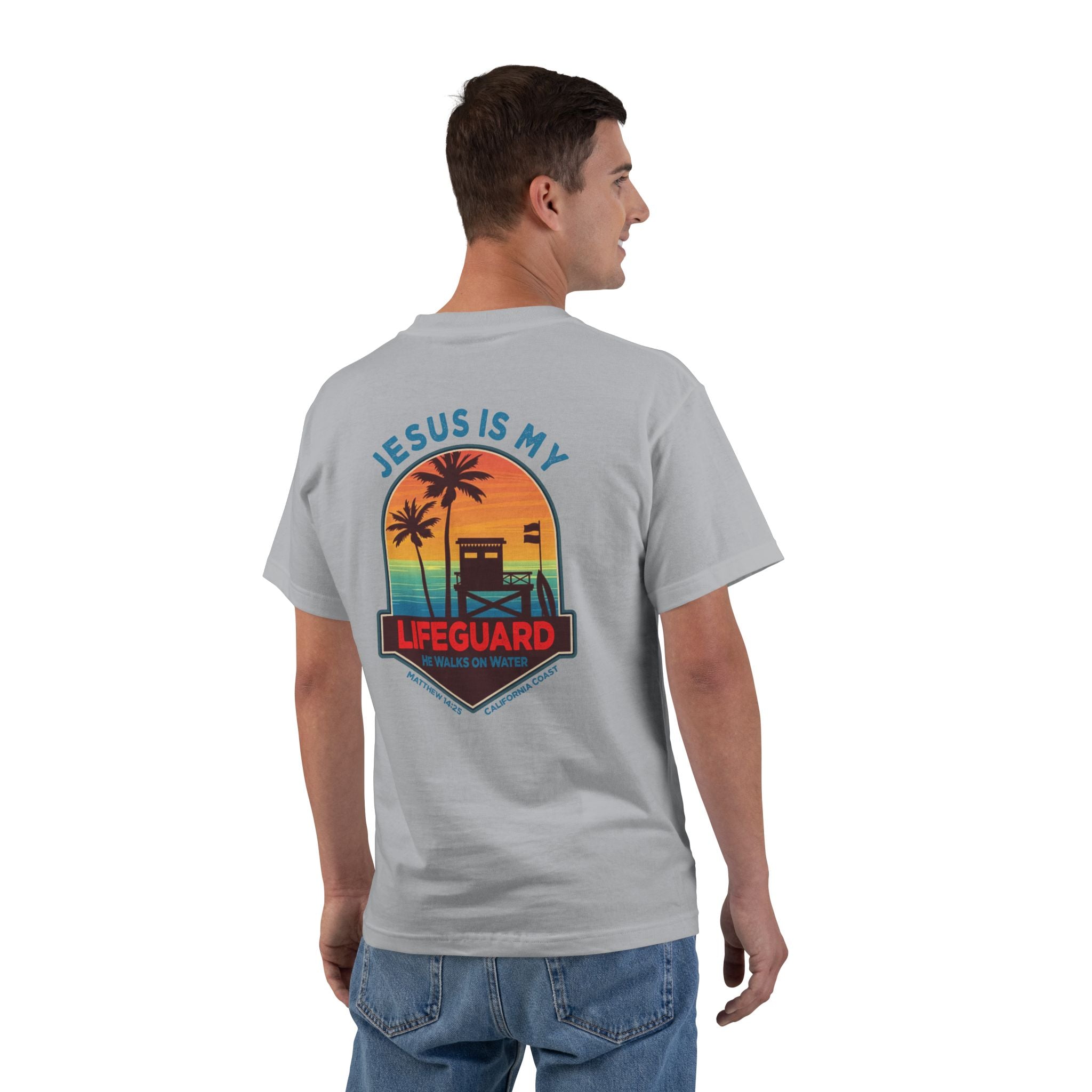 CA-Jesus Is My Lifeguard Shirt, He Walks on Water T-shirt, California Coast, Matthew 1425, Surfing T Shirt, God Bless America Collection