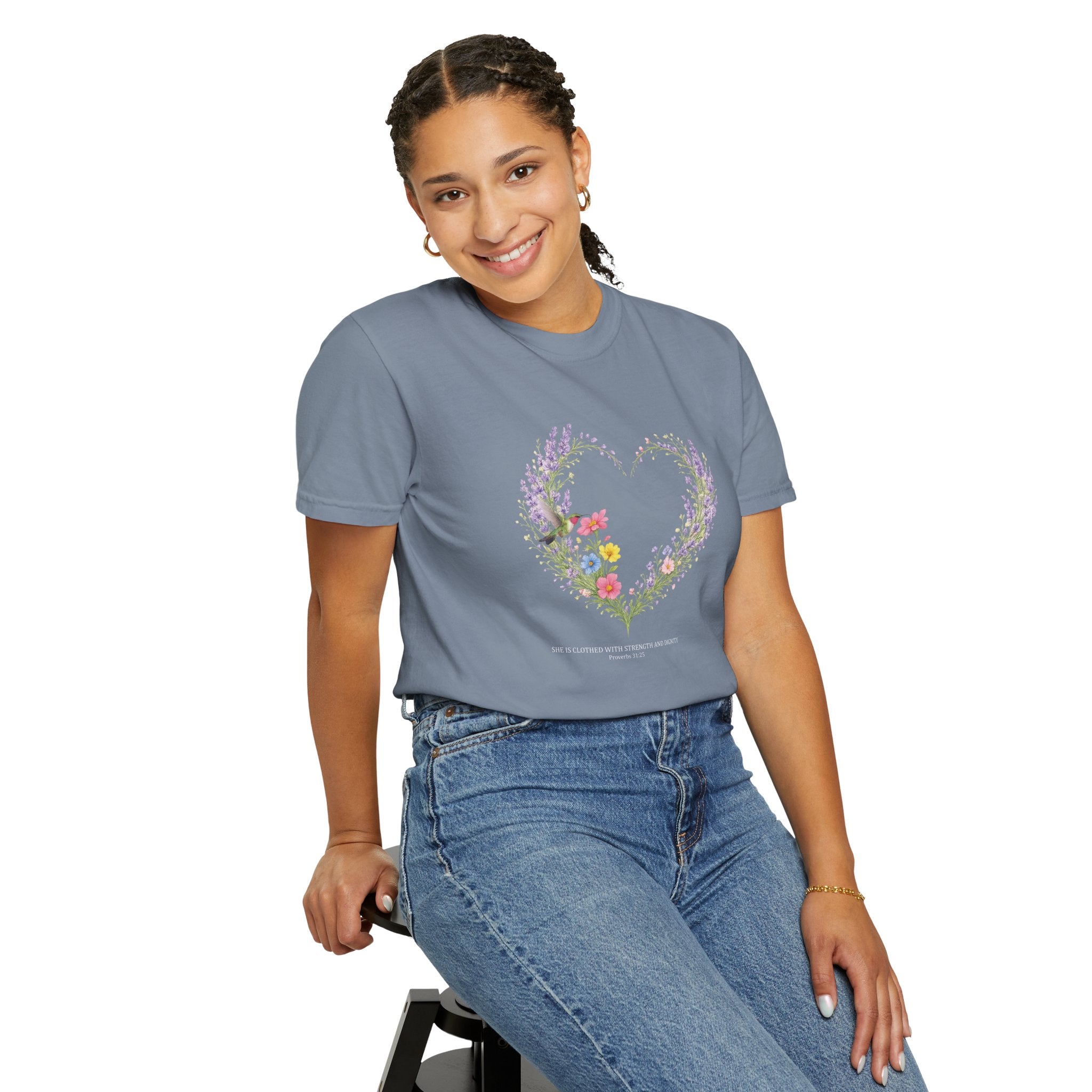 She Is Clothed With Strength And Dignity Floral Tee, Proverbs 31:25 Shirt, Christian Women Gift, Wildflower Heart, Redeemed Faith Apparel