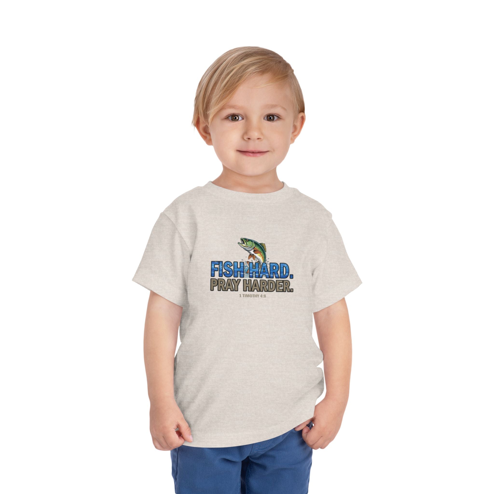 Fish Hard Pray Harder Kids T-Shirt, Christian Fishing Tee, Redeemed Faith Apparel