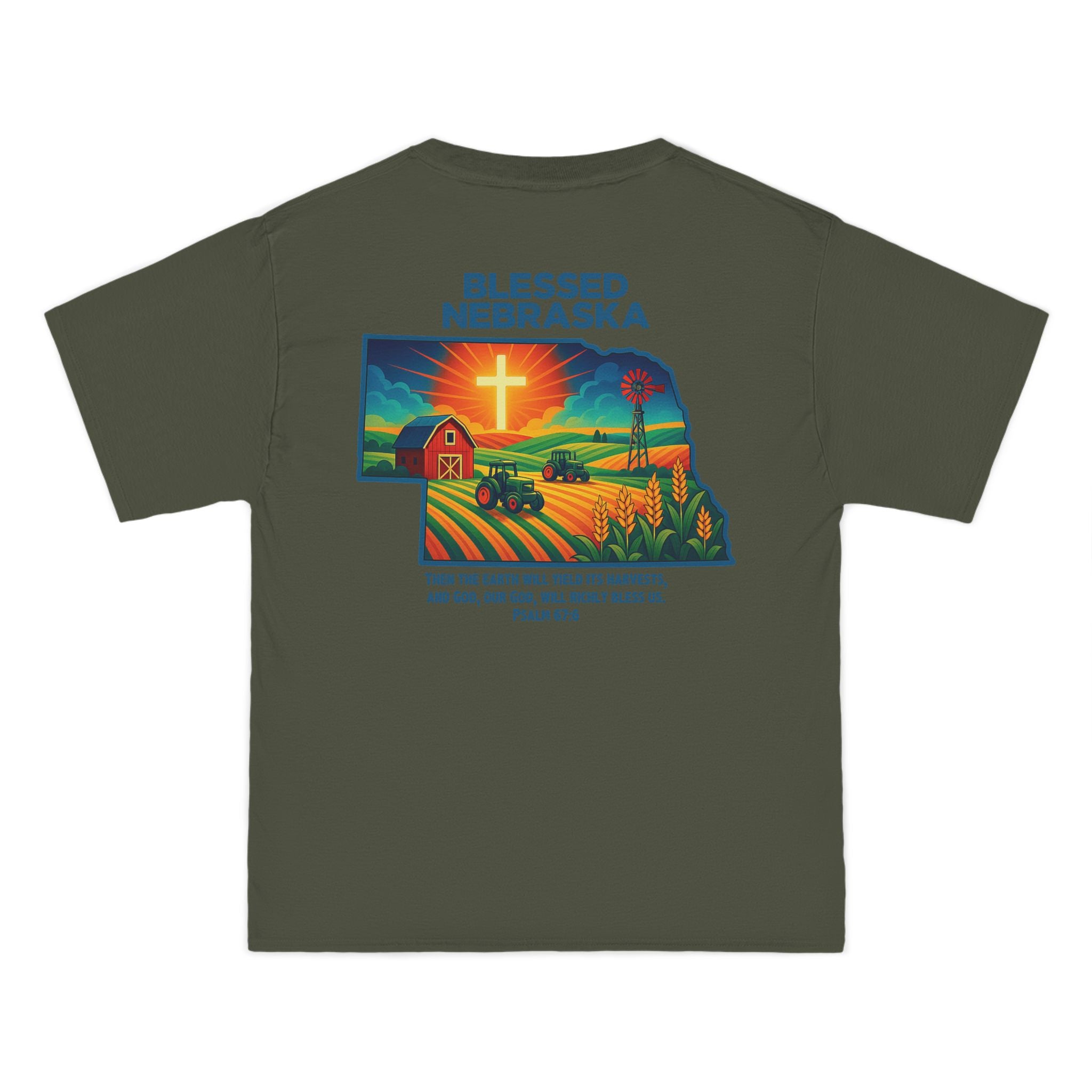 NB-Blessed Nebraska Christian Shirt, Psalm 67:6 Tee, Farm Cross Tractor Sunset T-shirt, Faith Midwest Apparel, God Bless America Collection