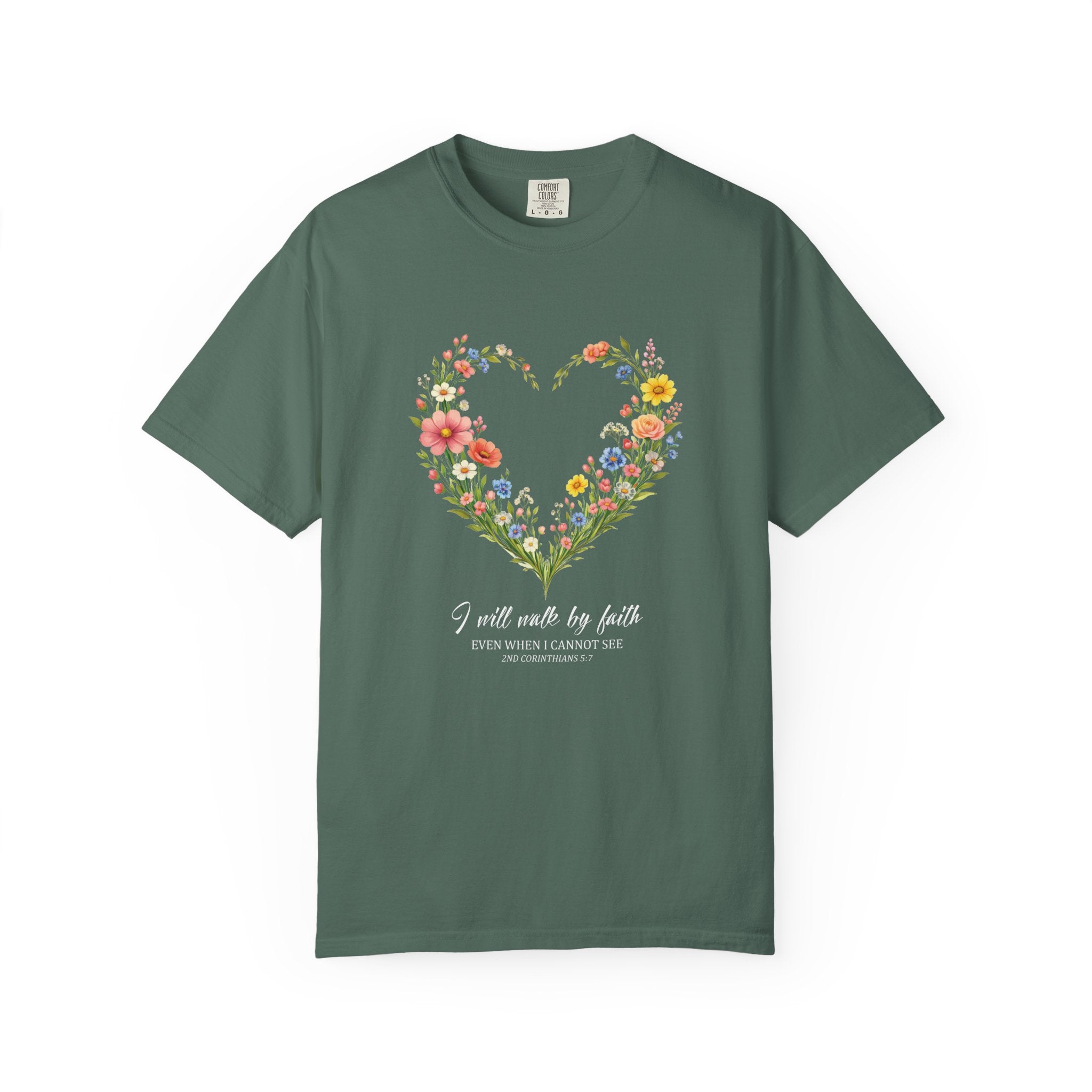 I Will Walk By Faith Floral T Shirt, 2 Corinthians 5:7 Christian Shirt, Christian Women Gift, Wildflower Heart tee, Redeemed Faith Apparel