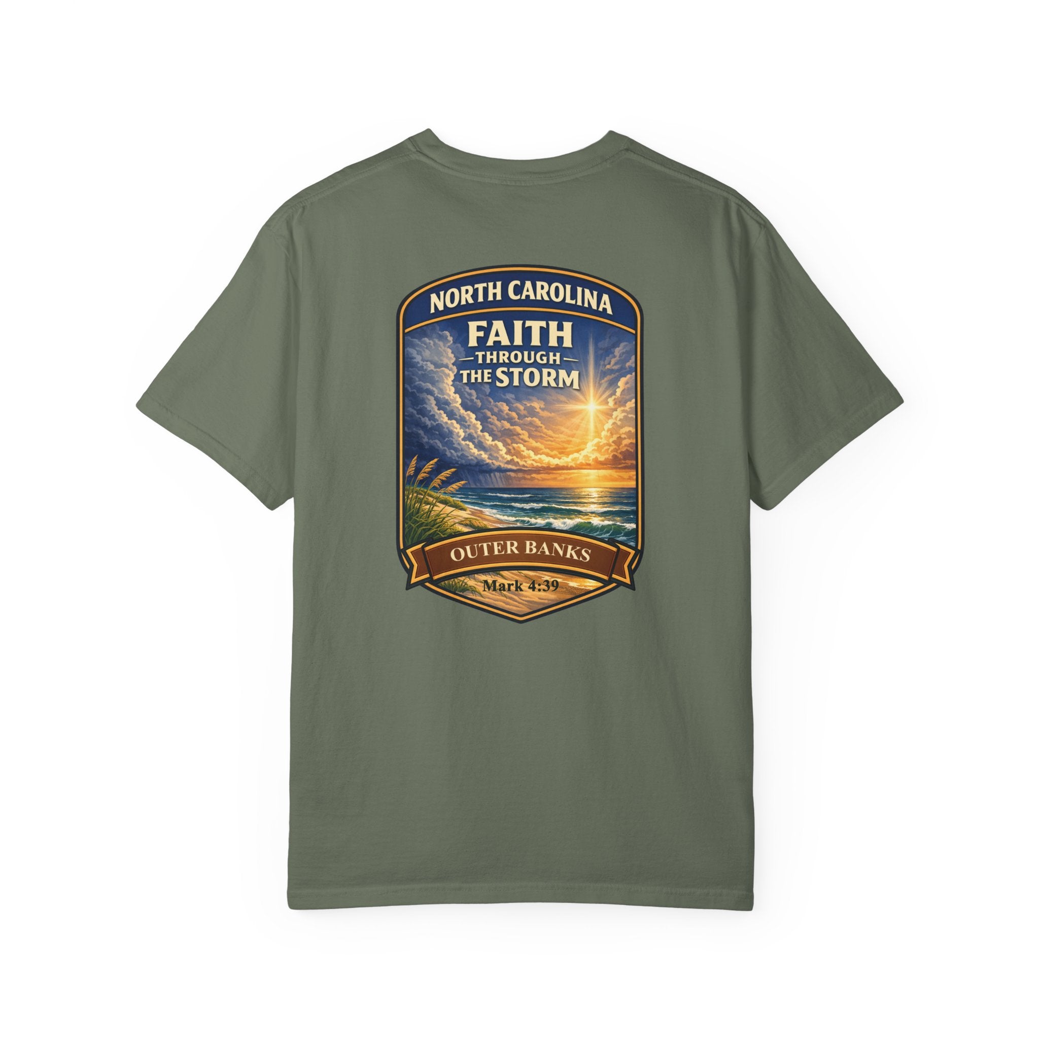 NC-North Carolina Outer Banks Faith Through the Storm Christian T Shirt, Mark 4:39 Tee, Coastal Faith Shirt, God Bless America Collection