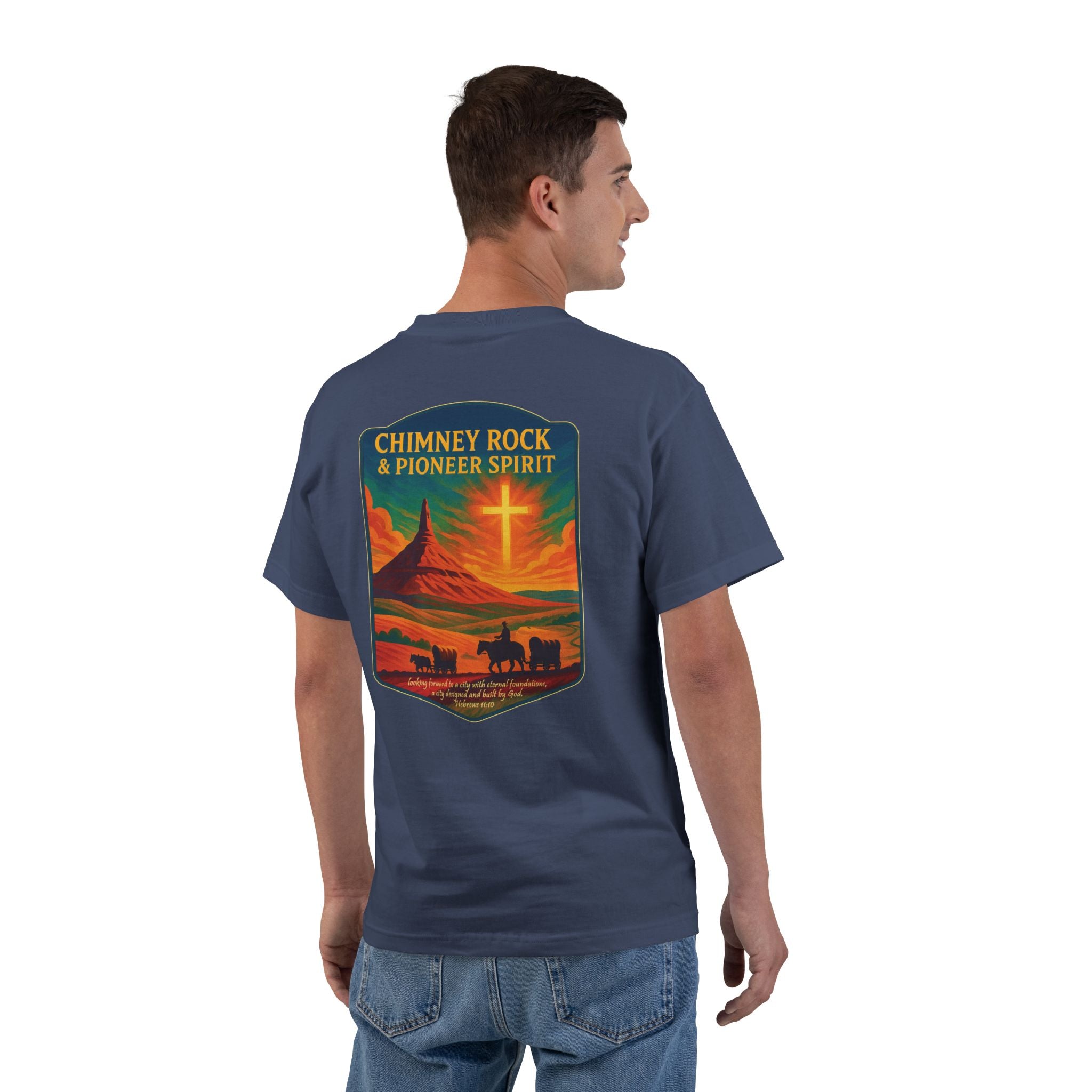 NB-Chimney Rock Pioneer Spirit Shirt, Nebraska Christian Tee, Wagon Trail, Hebrews 11:10, Frontier Apparel, God Bless America Collection