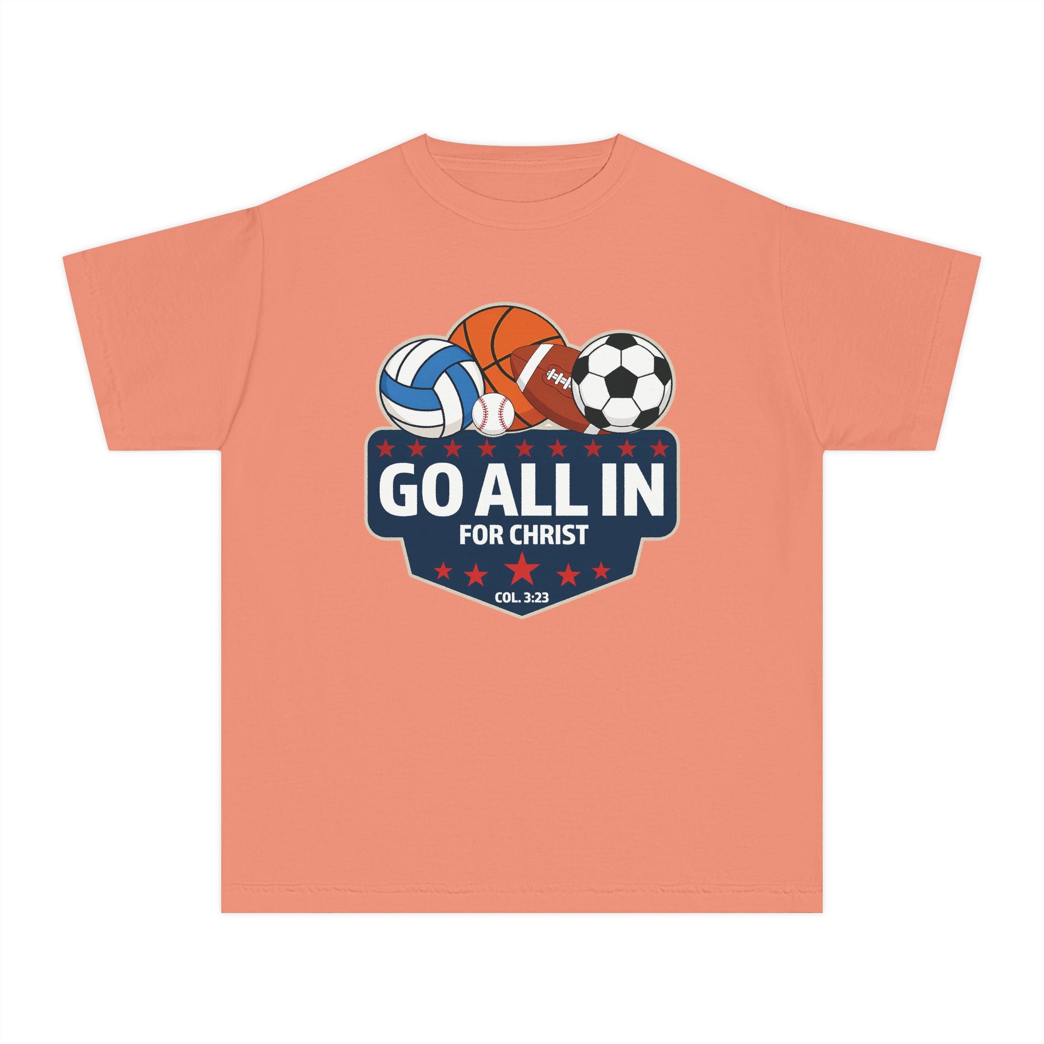 Go All In for Christ Youth T-Shirt, Christian Sports Shirt, Colossians 3:23 Shirt, Youth Athlete Shirt, Faith Sports Tee, Unisex Faith Shirt