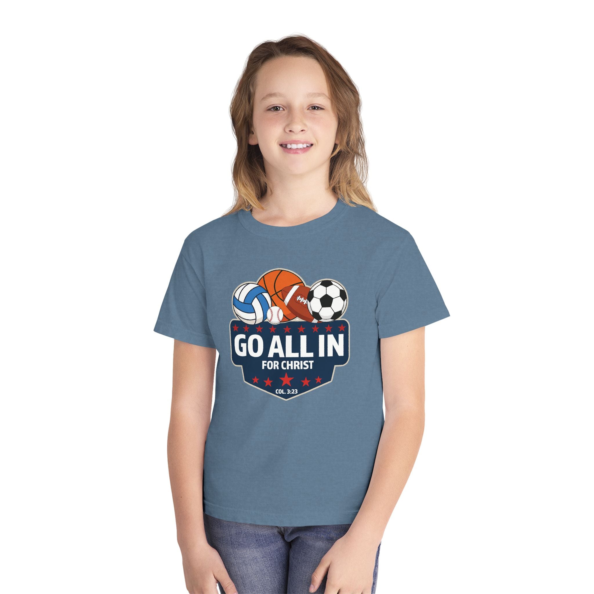 Go All In for Christ Youth T-Shirt, Christian Sports Shirt, Colossians 3:23 Shirt, Youth Athlete Shirt, Faith Sports Tee, Unisex Faith Shirt