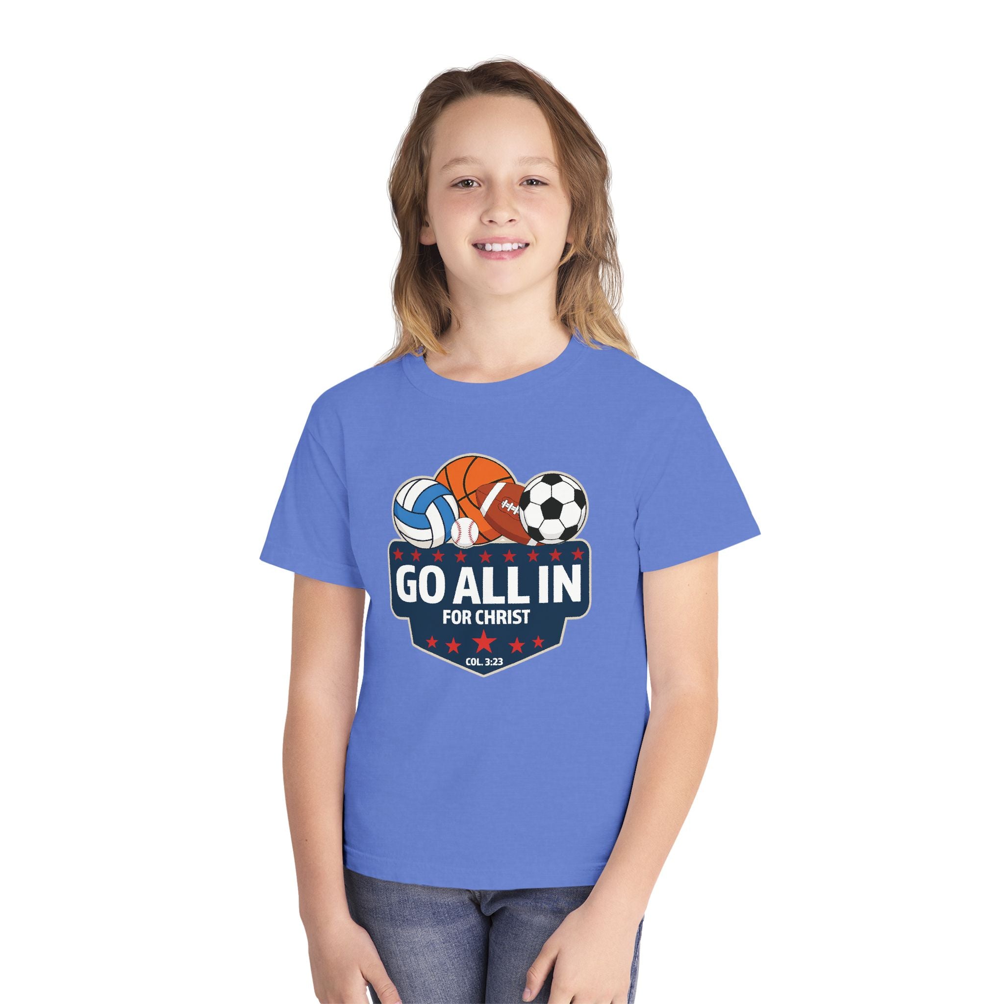 Go All In for Christ Youth T-Shirt, Christian Sports Shirt, Colossians 3:23 Shirt, Youth Athlete Shirt, Faith Sports Tee, Unisex Faith Shirt