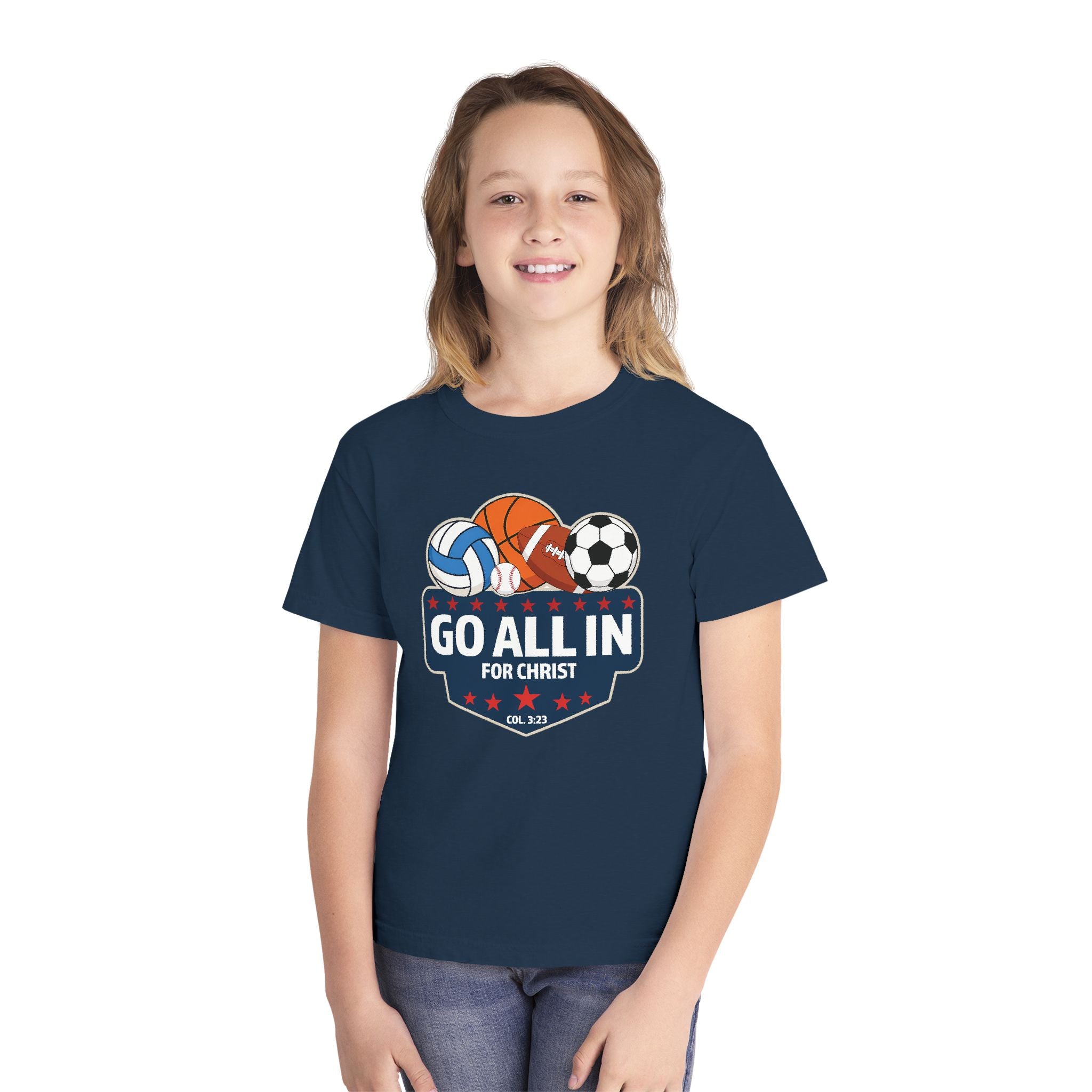 Go All In for Christ Youth T-Shirt, Christian Sports Shirt, Colossians 3:23 Shirt, Youth Athlete Shirt, Faith Sports Tee, Unisex Faith Shirt