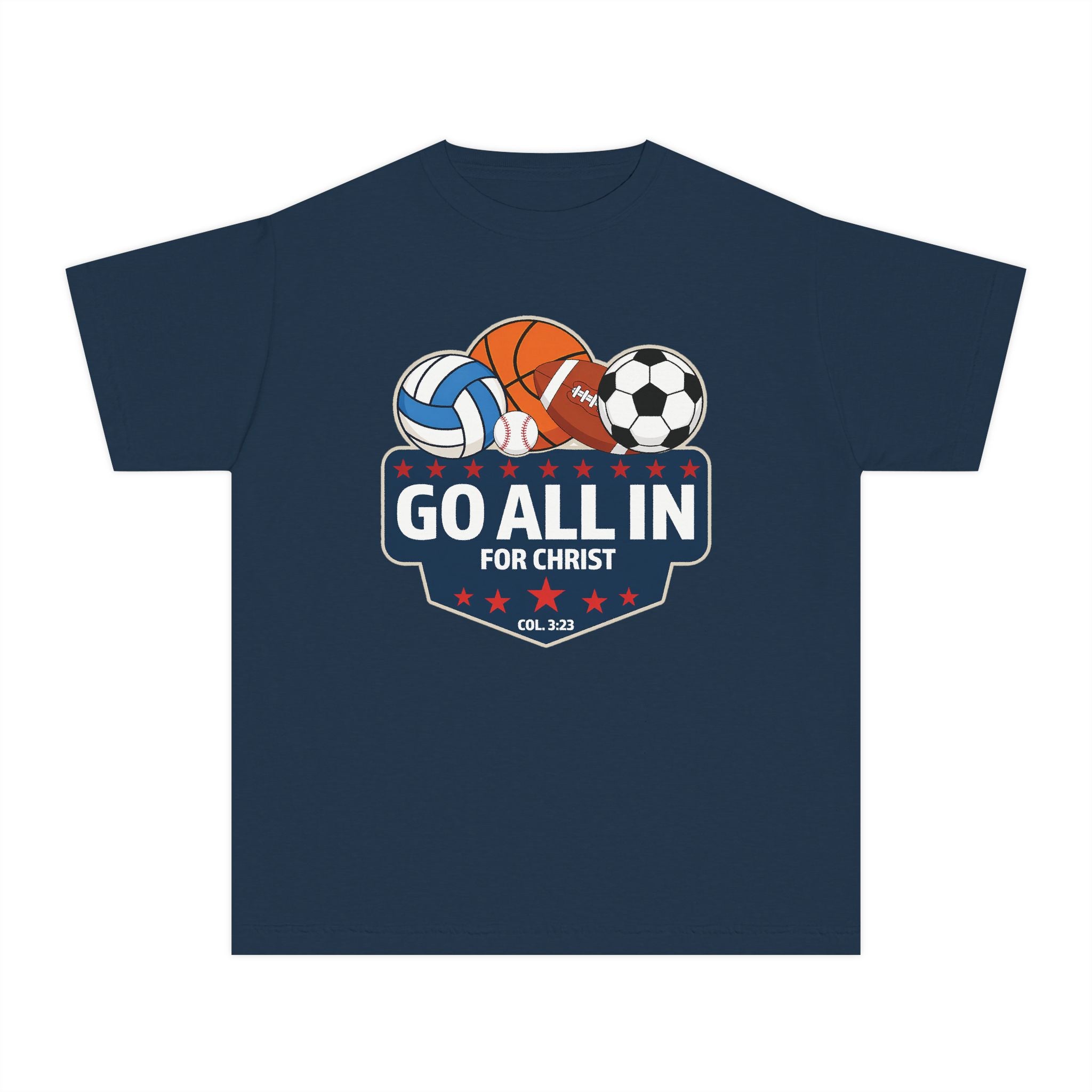 Go All In for Christ Youth T-Shirt, Christian Sports Shirt, Colossians 3:23 Shirt, Youth Athlete Shirt, Faith Sports Tee, Unisex Faith Shirt