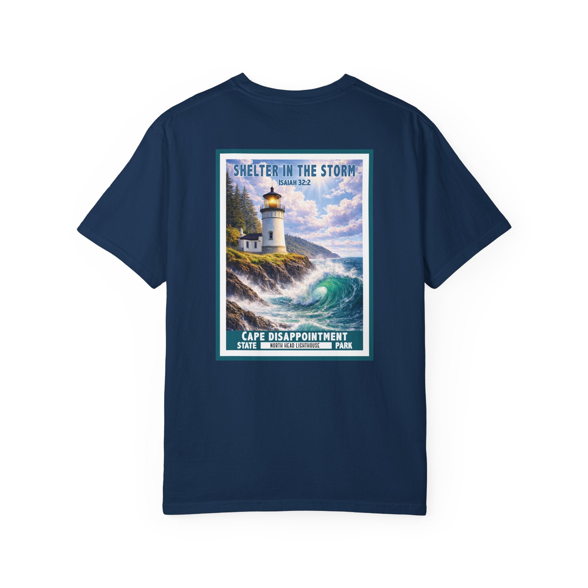 WA-Shelter in the Storm Shirt, Isaiah 32:2, Cape Disappointment, North Head Lighthouse, Christian Faith Tee, God Bless America Collection
