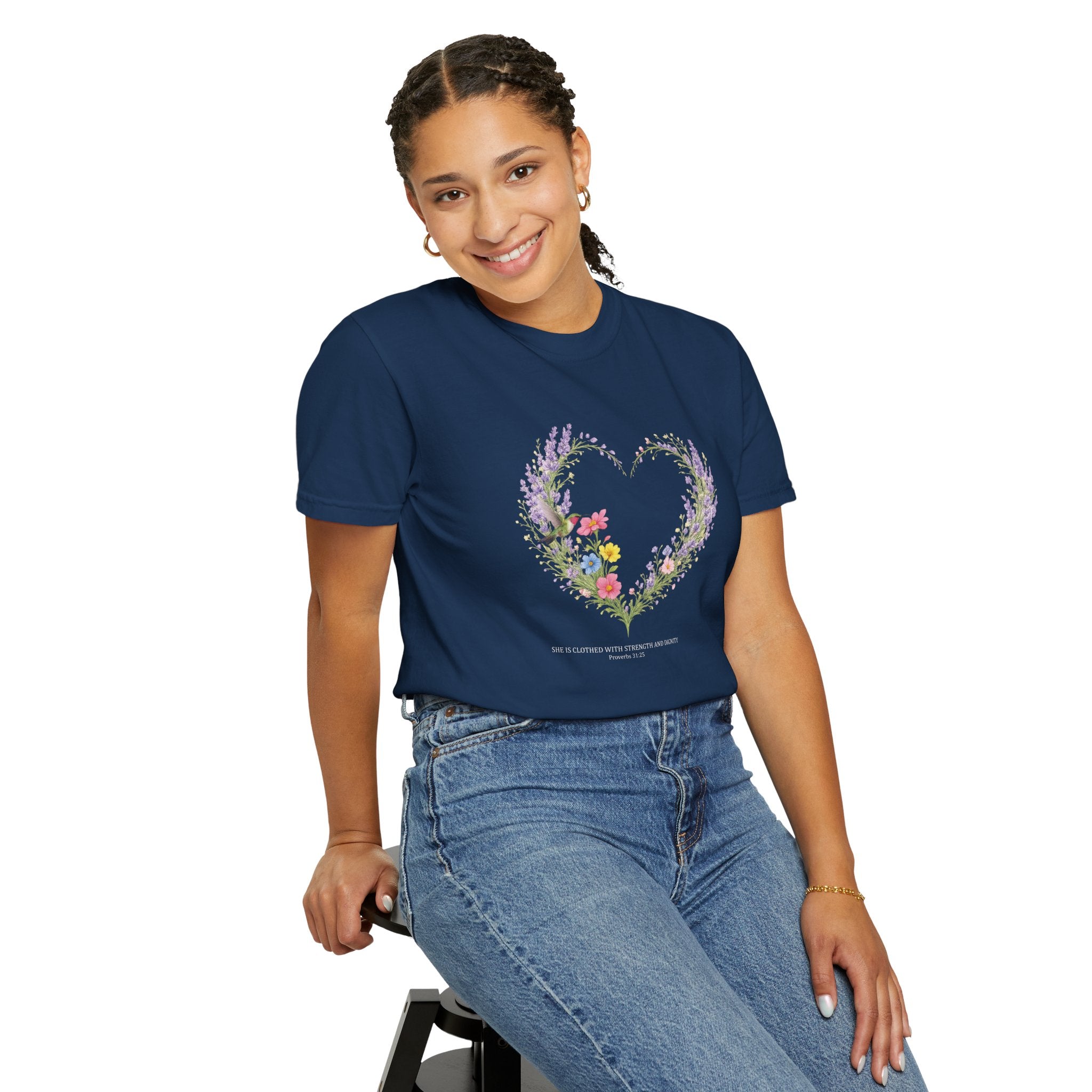 She Is Clothed With Strength And Dignity Floral Tee, Proverbs 31:25 Shirt, Christian Women Gift, Wildflower Heart, Redeemed Faith Apparel