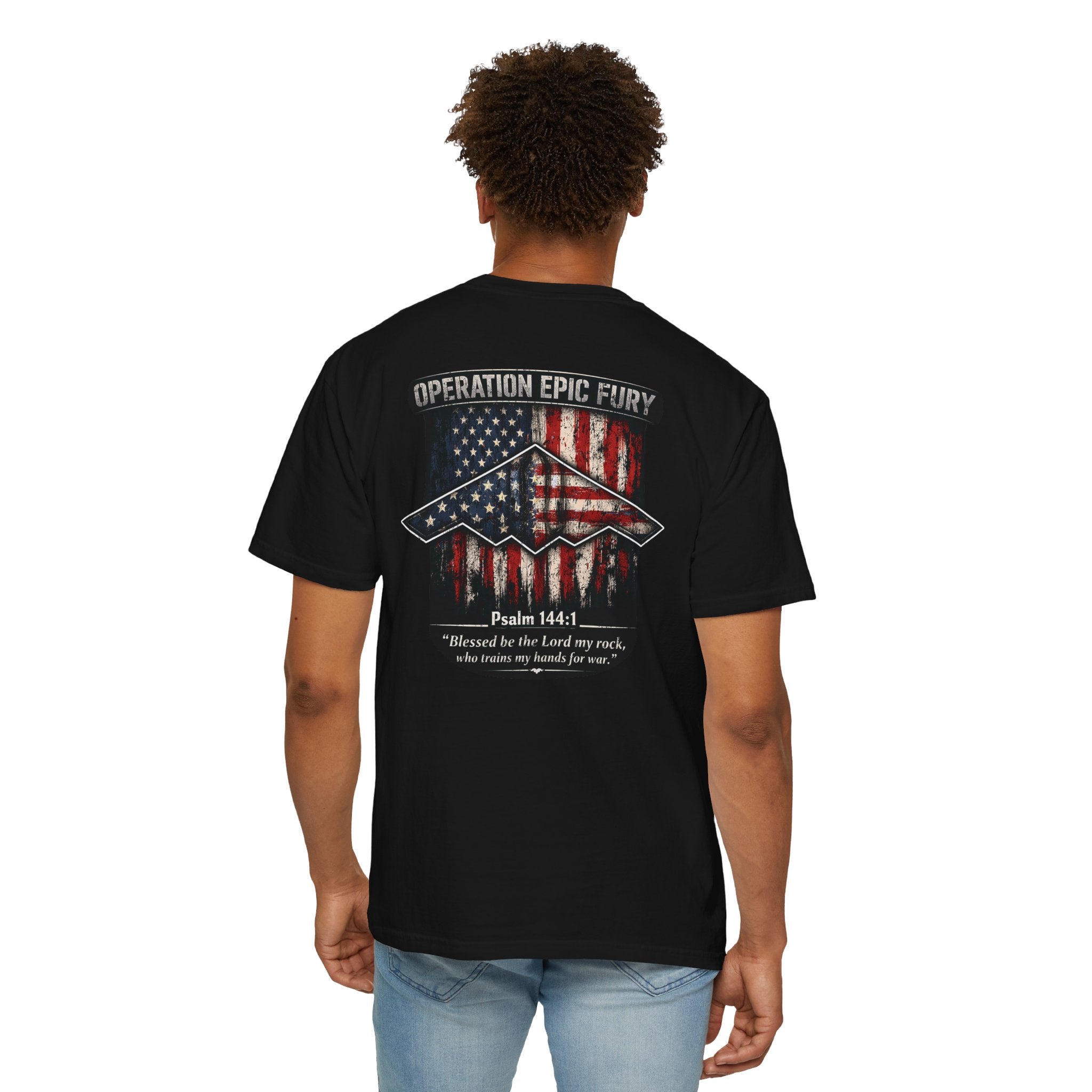 Operation Epic Fury Christian Shirt, Psalm 144:1 Patriotic Tee, Faith and Freedom Shirt, American Flag Bomber Shirt, Redeemed Faith Apparel