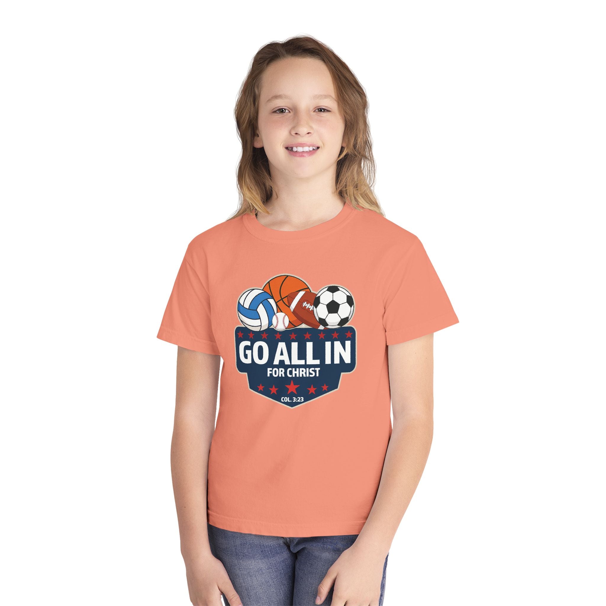 Go All In for Christ Youth T-Shirt, Christian Sports Shirt, Colossians 3:23 Shirt, Youth Athlete Shirt, Faith Sports Tee, Unisex Faith Shirt