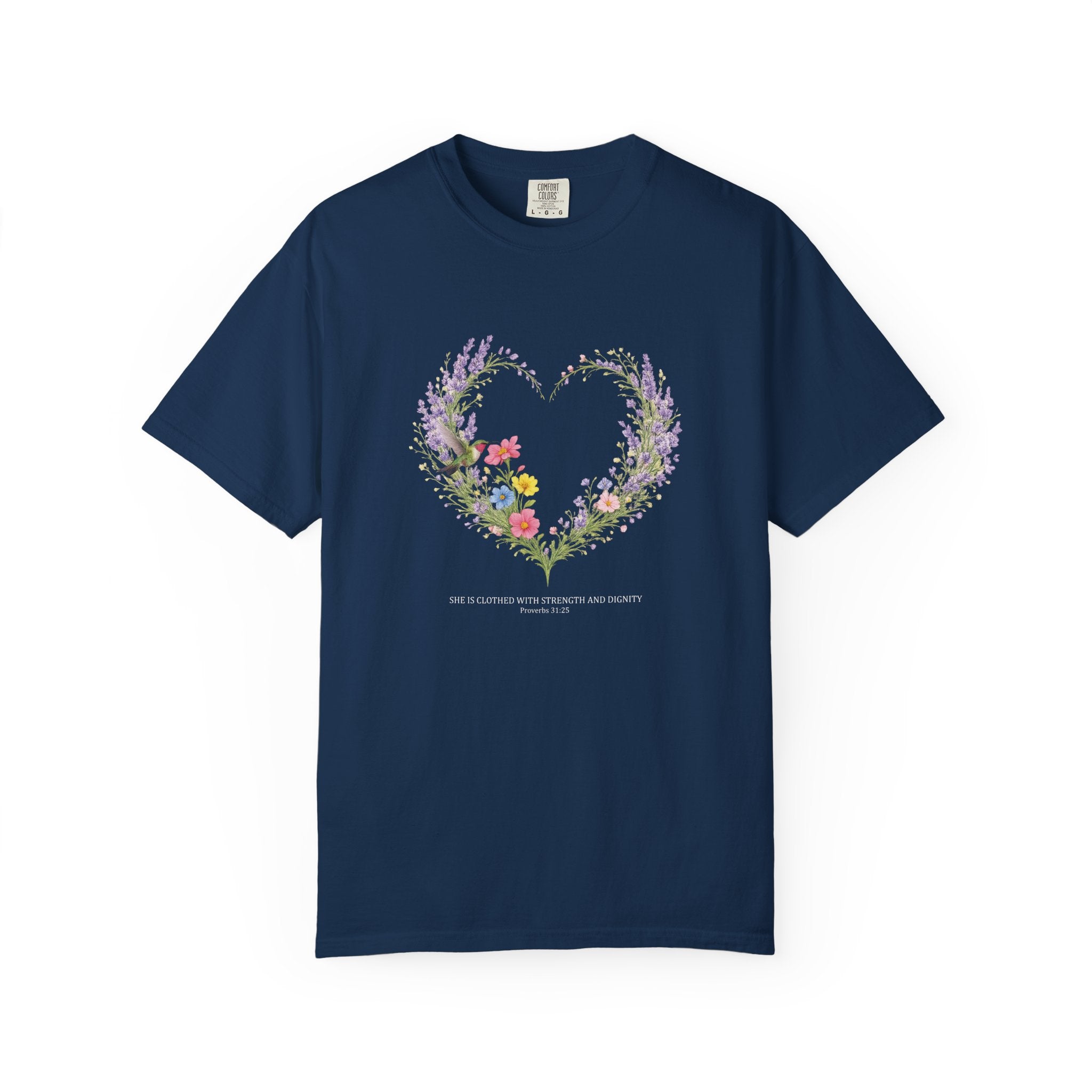 She Is Clothed With Strength And Dignity Floral Tee, Proverbs 31:25 Shirt, Christian Women Gift, Wildflower Heart, Redeemed Faith Apparel