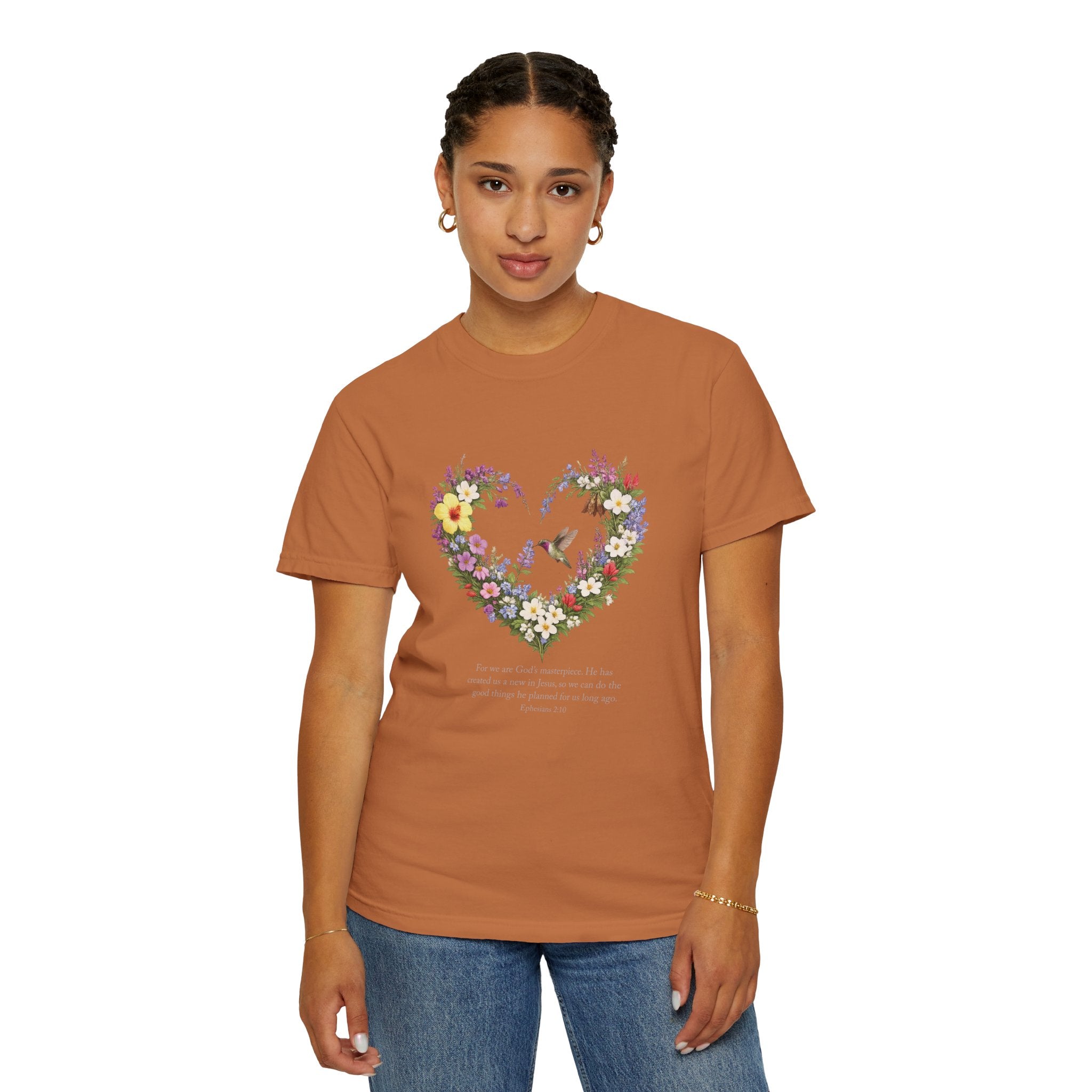 Gods Masterpiece Floral Heart T-shirt, Ephesians 2:10 Christian Shirt, Christian Women Gift, Wildflower Heart, Redeemed Faith Apparel