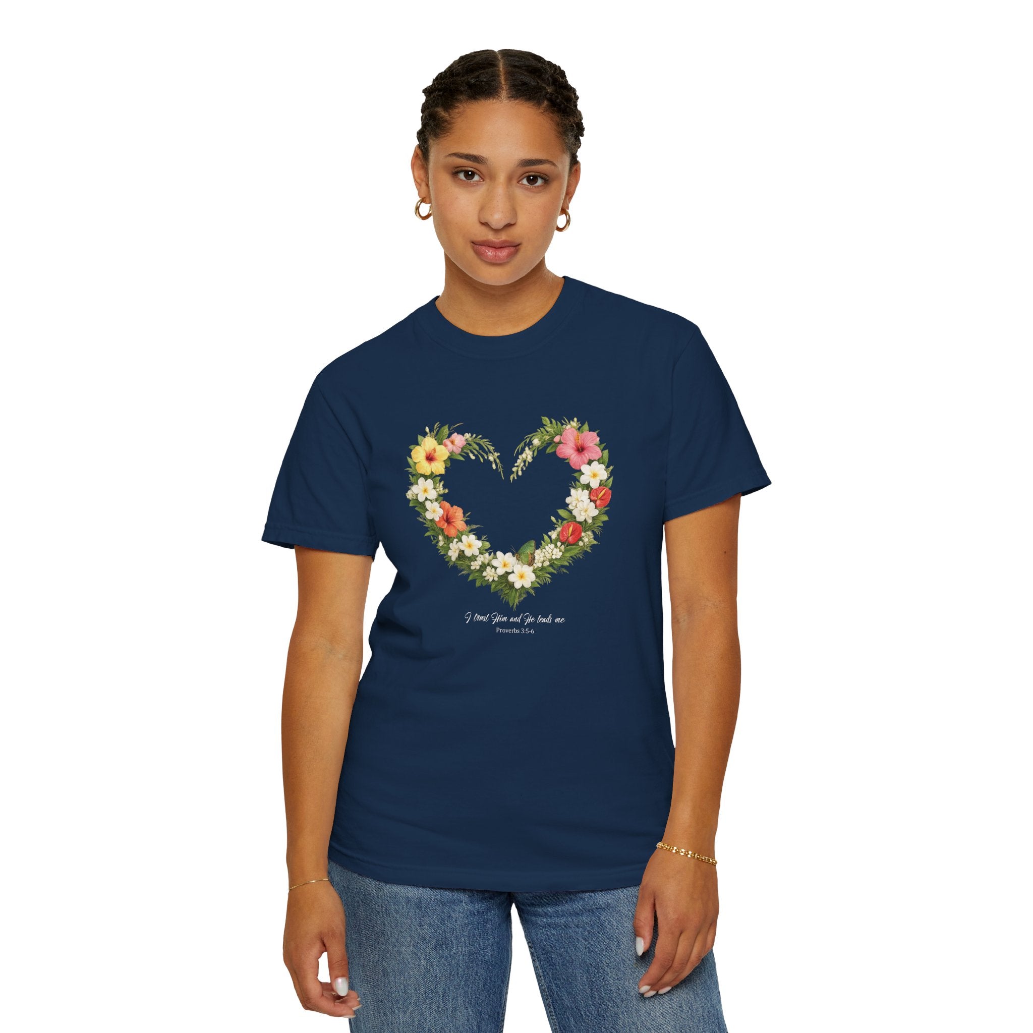 I Trust Him Floral Heart Christian Shirt, 2 Timothy 1:7 T-Shirt, Faith Based Gift for Women, Wildflower Heart Tee, Redeemed Faith Apparel