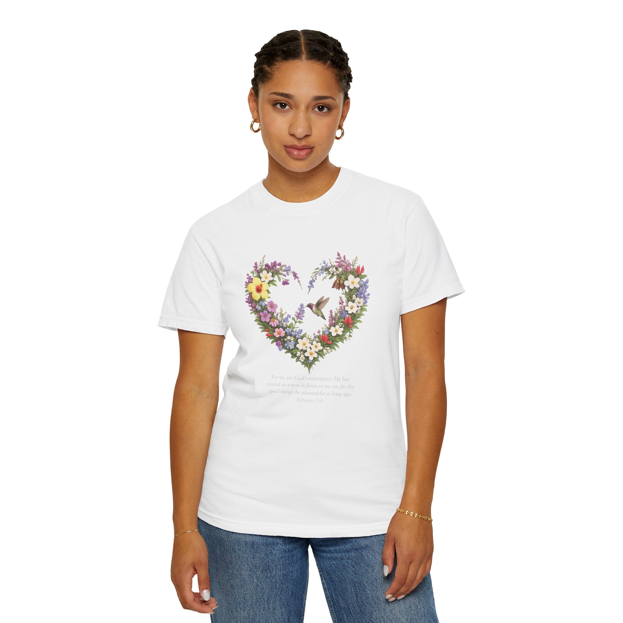 Gods Masterpiece Floral Heart T-shirt, Ephesians 2:10 Christian Shirt, Christian Women Gift, Wildflower Heart, Redeemed Faith Apparel
