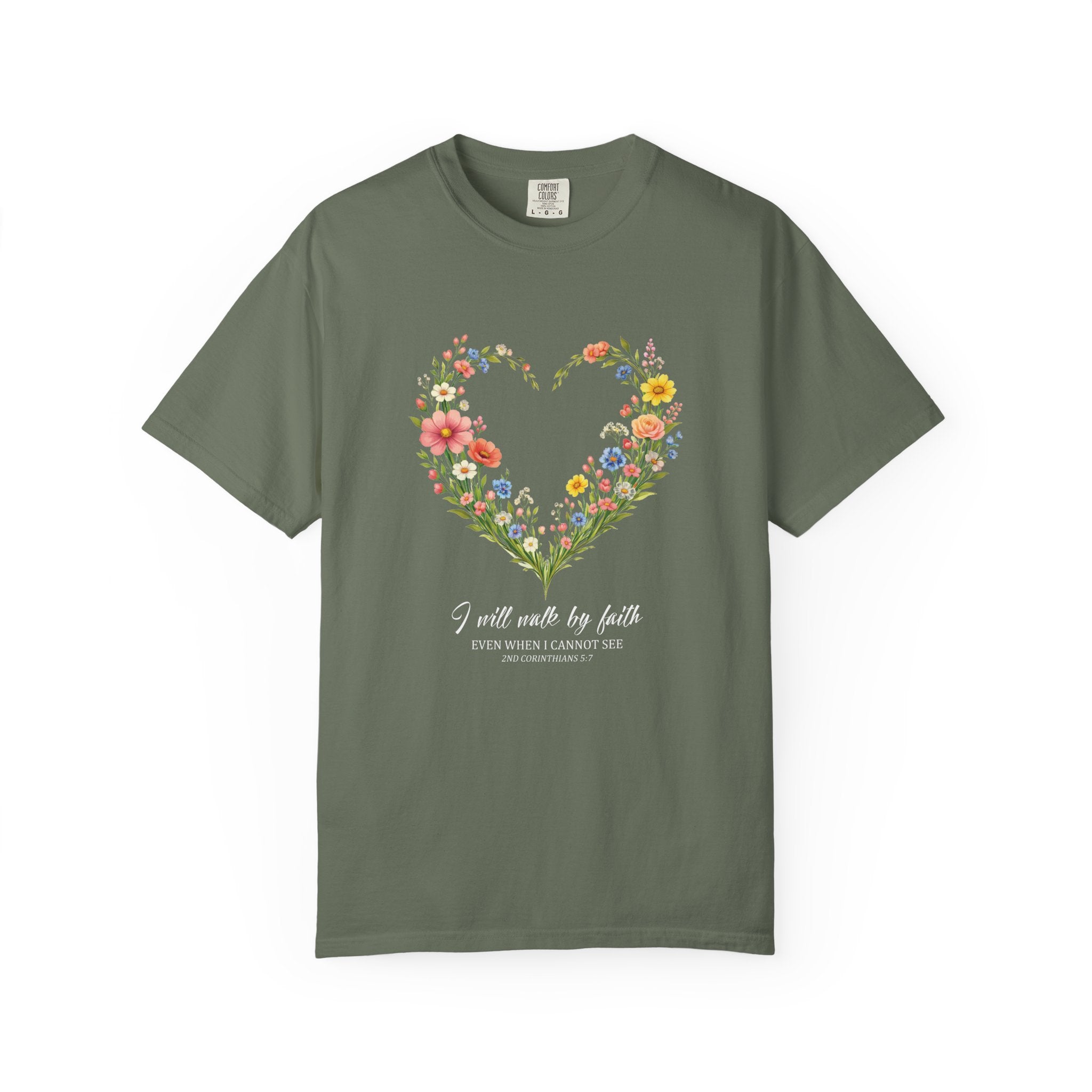 I Will Walk By Faith Floral T Shirt, 2 Corinthians 5:7 Christian Shirt, Christian Women Gift, Wildflower Heart tee, Redeemed Faith Apparel