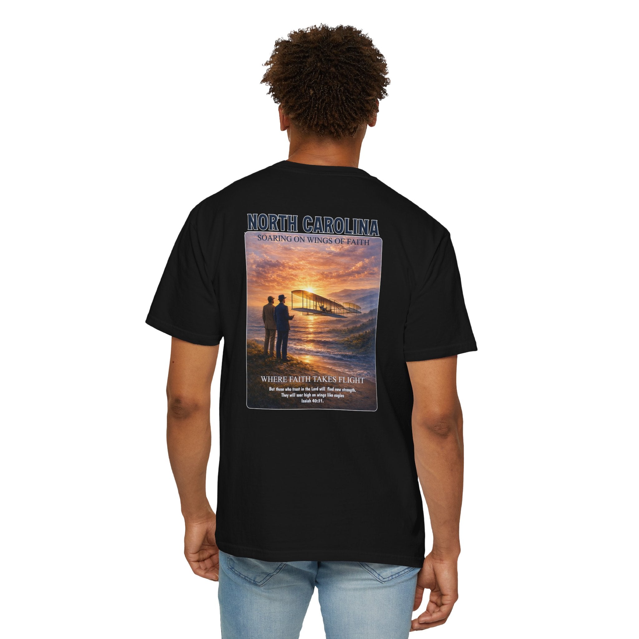 NC-North Carolina Soaring on Wings of Faith Christian T Shirt, Isaiah 40:31 Tee, NC Aviation Faith Shirt, God Bless America Collection