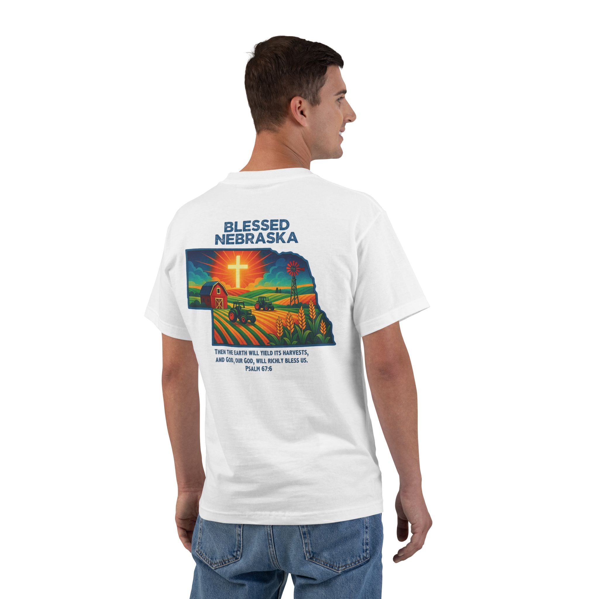 NB-Blessed Nebraska Christian Shirt, Psalm 67:6 Tee, Farm Cross Tractor Sunset T-shirt, Faith Midwest Apparel, God Bless America Collection