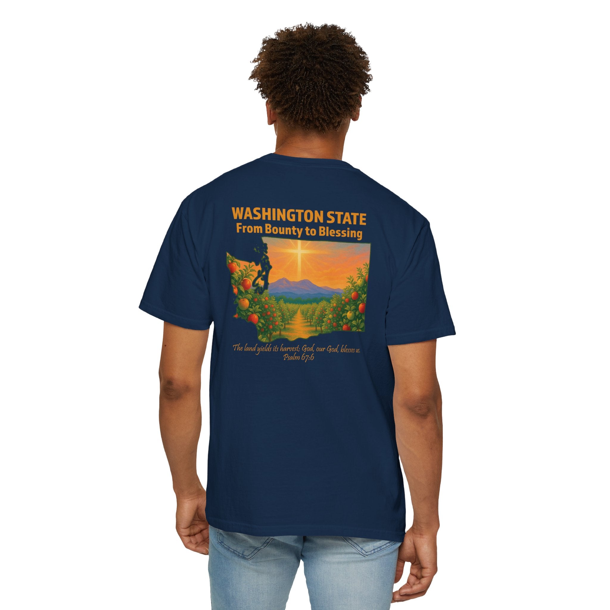 WA-From Bounty to Blessing, Psalm 67:6, Washington Apple Orchard T-shirt, Cross Faith Tee, God Bless America Collection, Redeemed Faith