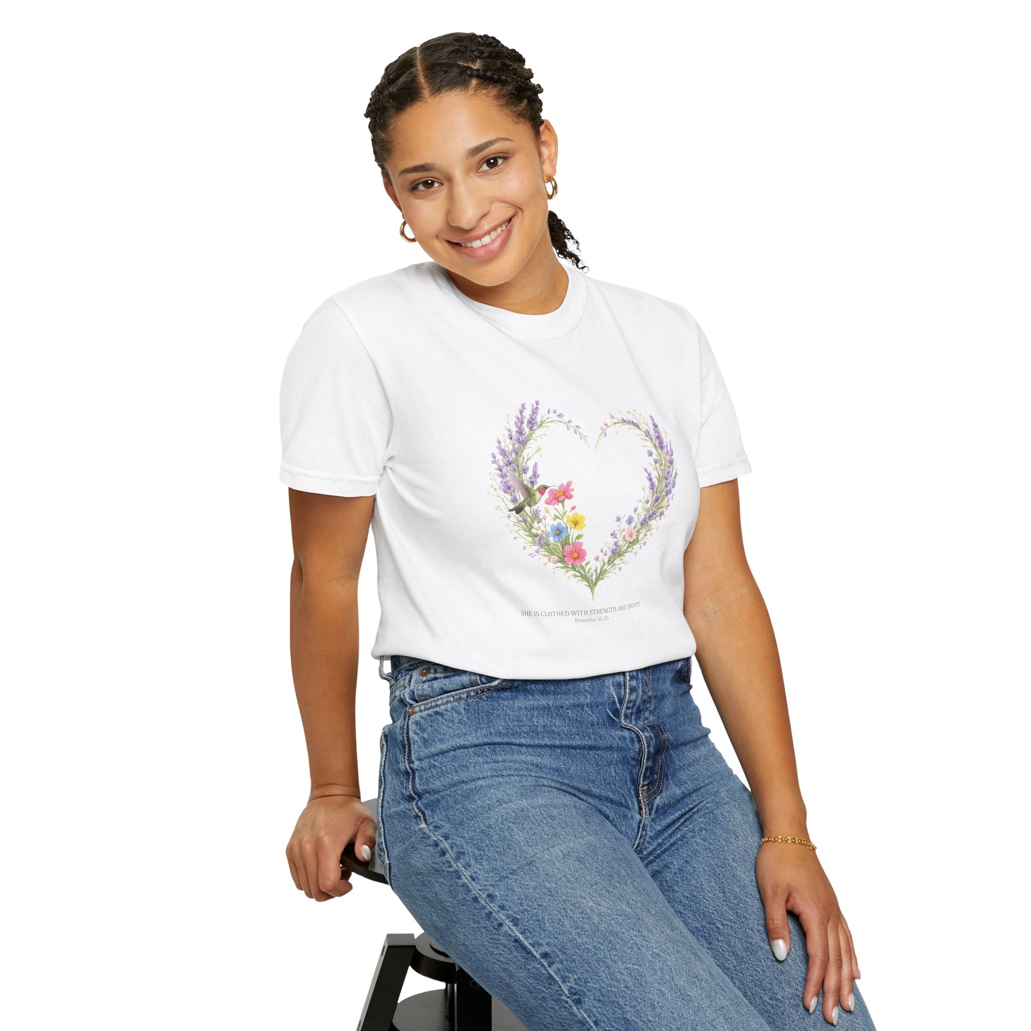 She Is Clothed With Strength And Dignity Floral Tee, Proverbs 31:25 Shirt, Christian Women Gift, Wildflower Heart, Redeemed Faith Apparel