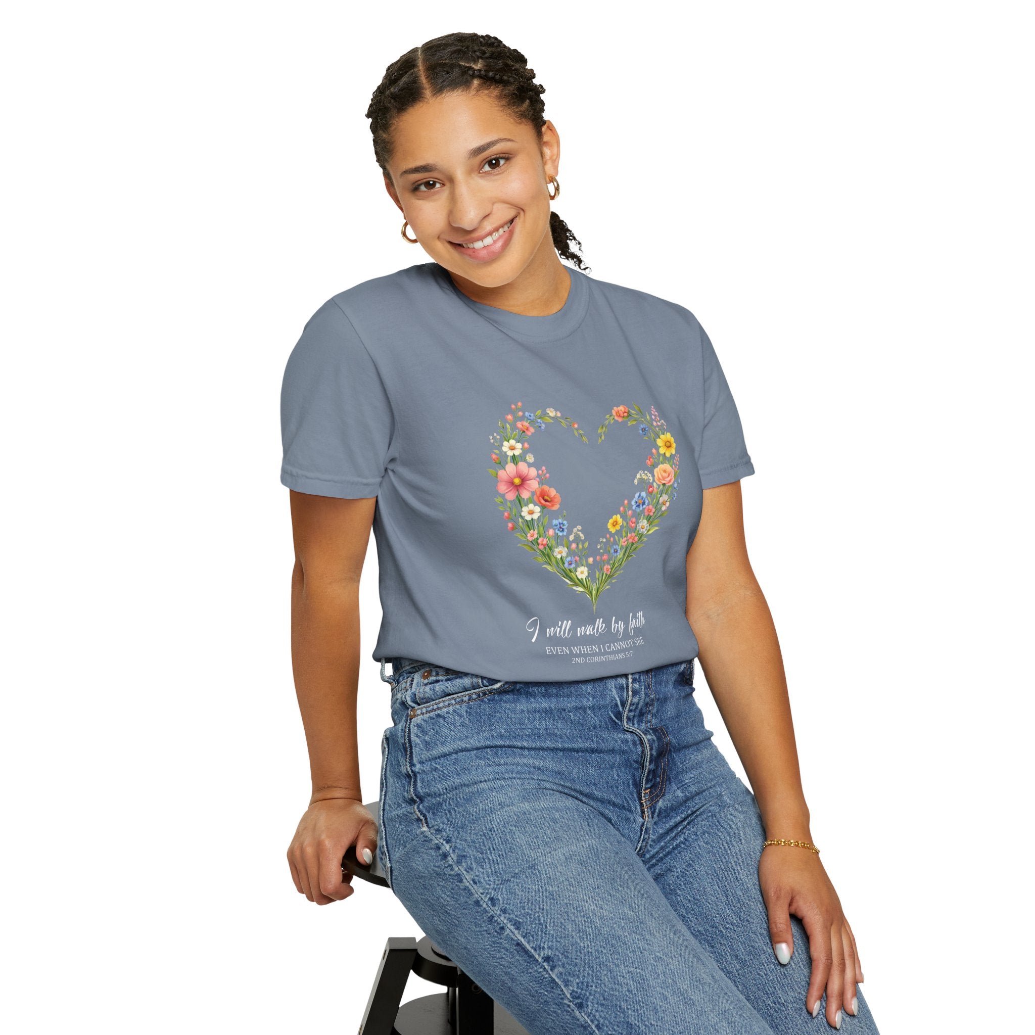 I Will Walk By Faith Floral T Shirt, 2 Corinthians 5:7 Christian Shirt, Christian Women Gift, Wildflower Heart tee, Redeemed Faith Apparel