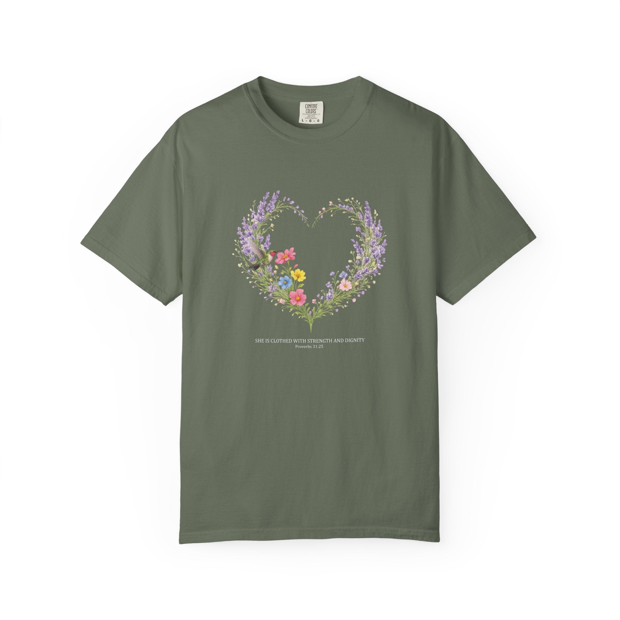 She Is Clothed With Strength And Dignity Floral Tee, Proverbs 31:25 Shirt, Christian Women Gift, Wildflower Heart, Redeemed Faith Apparel