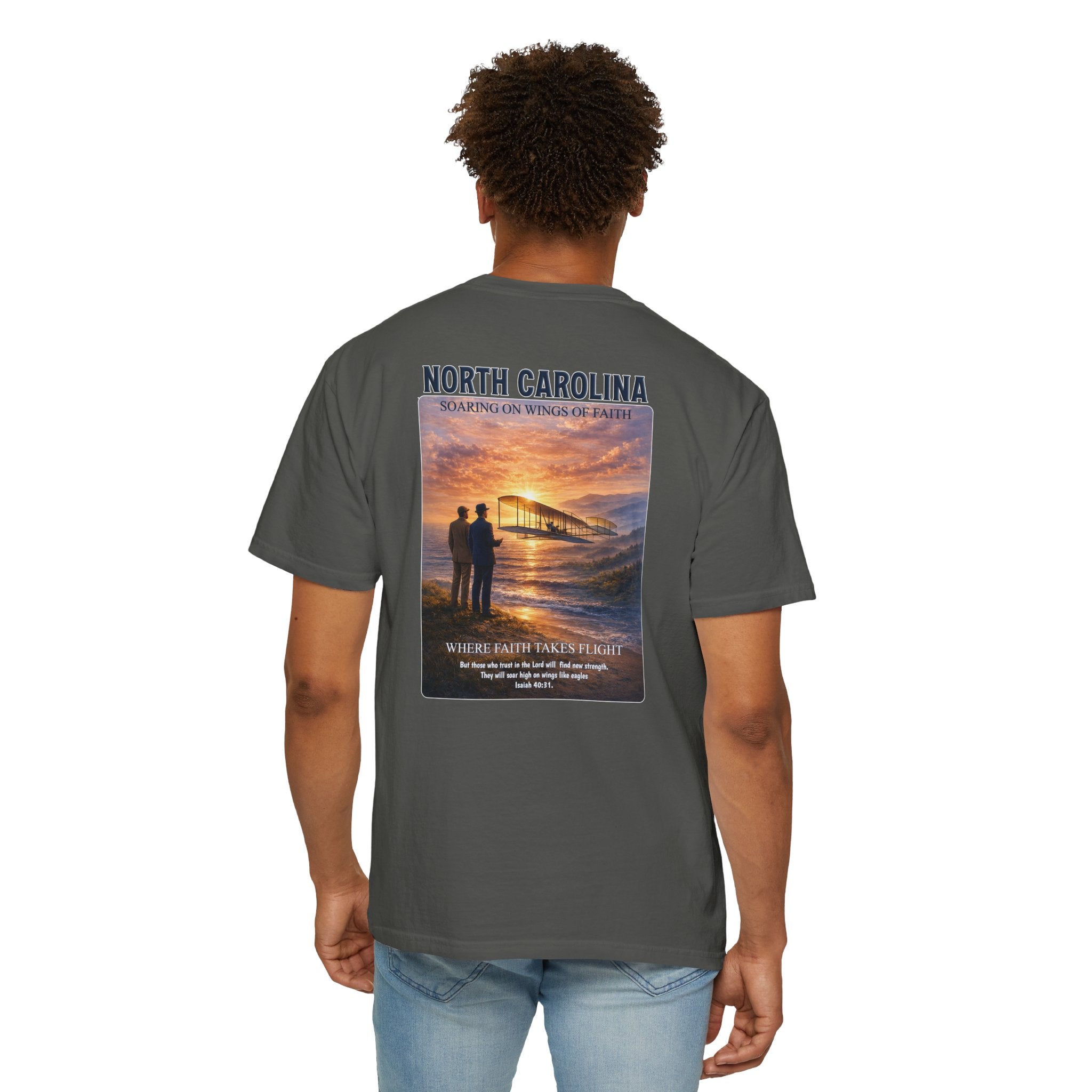 NC-North Carolina Soaring on Wings of Faith Christian T Shirt, Isaiah 40:31 Tee, NC Aviation Faith Shirt, God Bless America Collection
