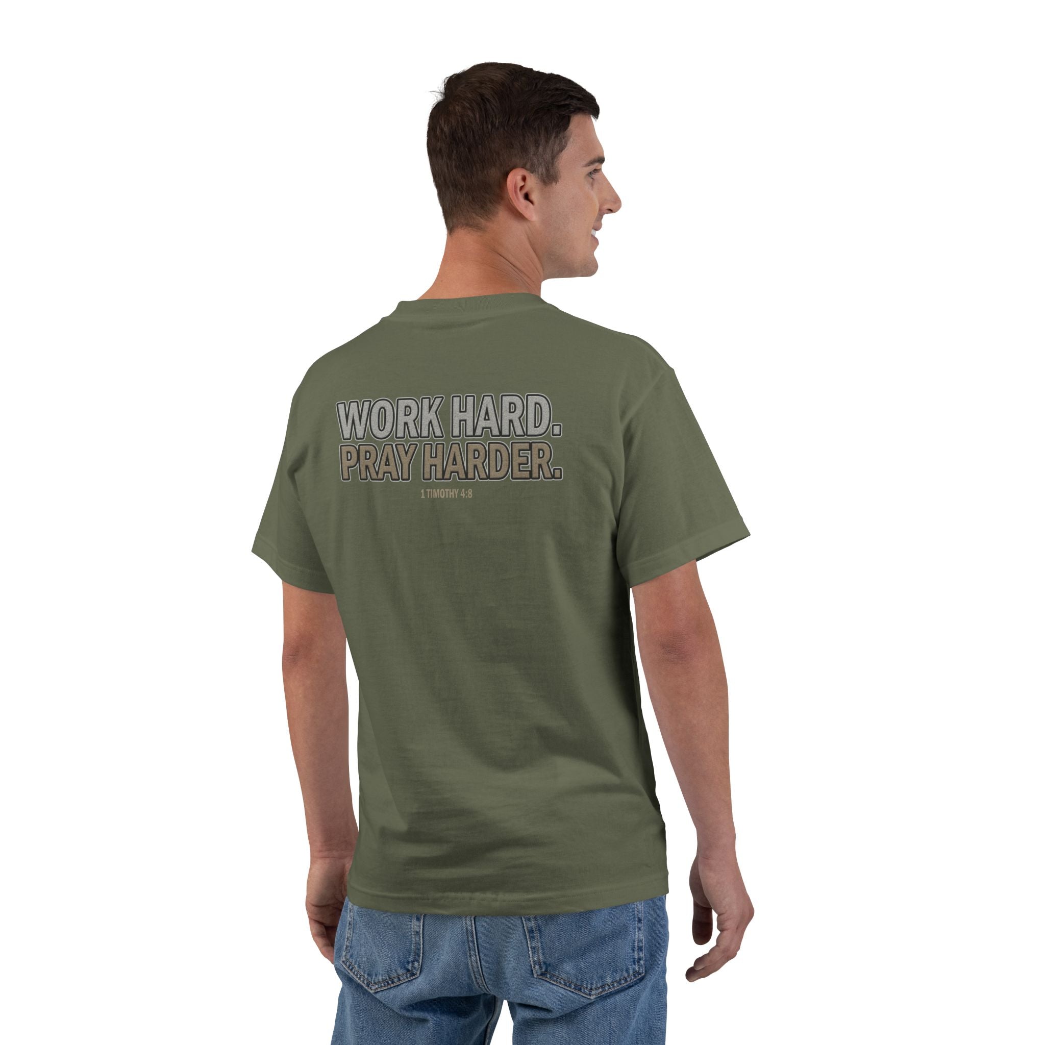 Work Hard Pray Harder Shirt - Christian Motivation Tee, Faith Over Hustle T-Shirt, 1 Timothy 48, Bible Verse Apparel, T-Shirt for Men Women
